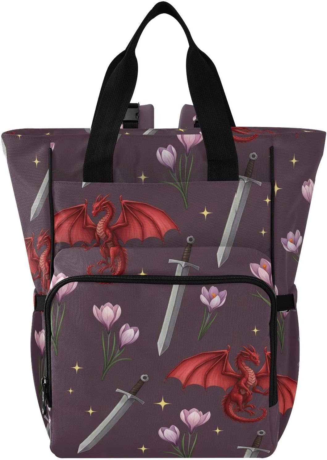Dragon Sword Flowers Purple Print Diaper Bag Backpack for Baby Boys Girls Multifunction Baby Essentials Travel Tote with Stroller Straps & Bottle Storage Large Travel Diaper Backpack for Baby