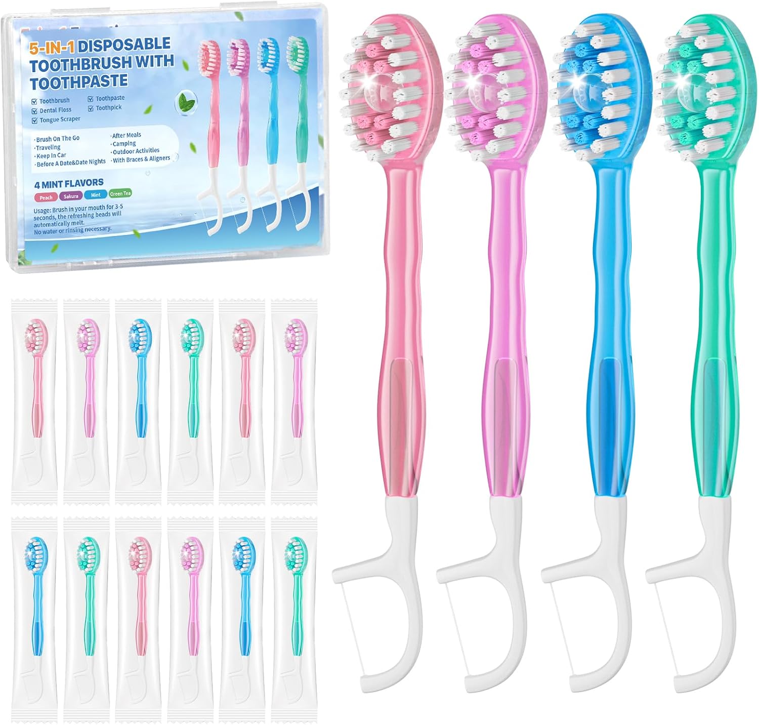 5-in-1 Disposable Toothbrush with Toothpaste (70 Pack), Mini Travel Toothbrushes with Soft Bristles, Dental Floss, Toothpick & Tongue Scraper, No Water Needed, 4 Flavors