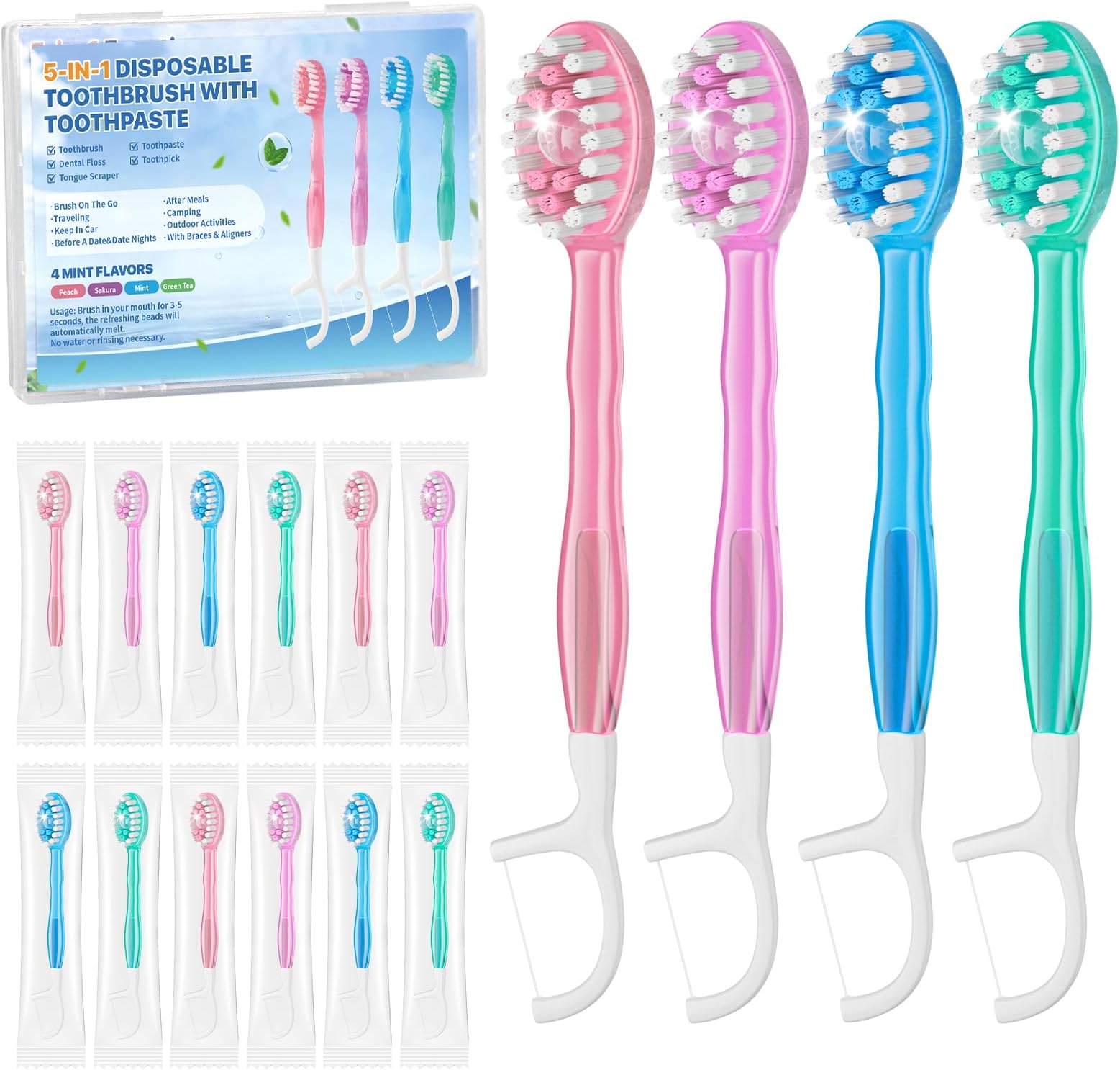 5-in-1 Disposable Toothbrush with Toothpaste(12 Pack), Individually Wrapped Mini Travel Toothbrush, Soft Bristles, Dental Floss, Toothpick & Tongue Scraper, No Water Needed, 4 Flavors