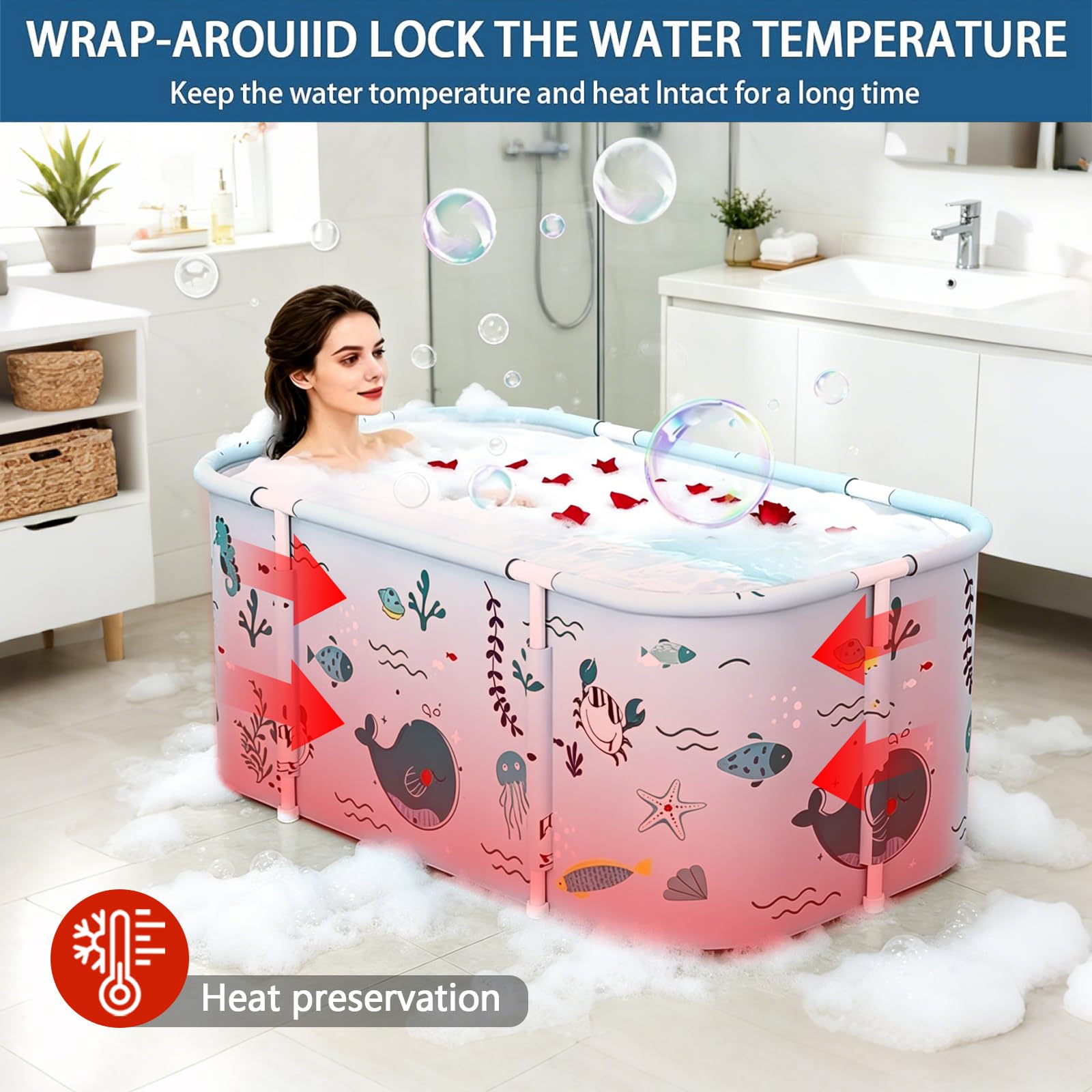 Vasca da Bagno Portatile, Vasca da Bagno Pieghevole per Adulti con Cuscini per Interni ed Esterni, Doccia Idromassaggio SPA, 120 x 55 x 50 cm (Azzurro)