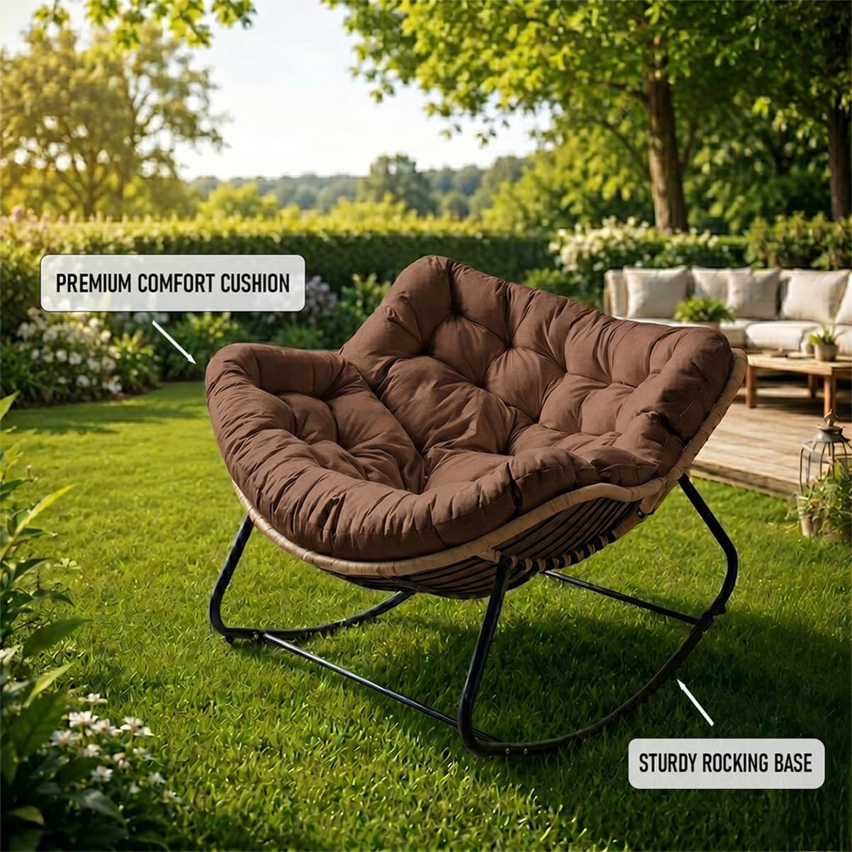 Boho Schaukelstuhl für Garten & Balkon mit Kissen – Rattan Relaxsessel & Lounge Rocker mit stabilem Metallgestell (Blau)