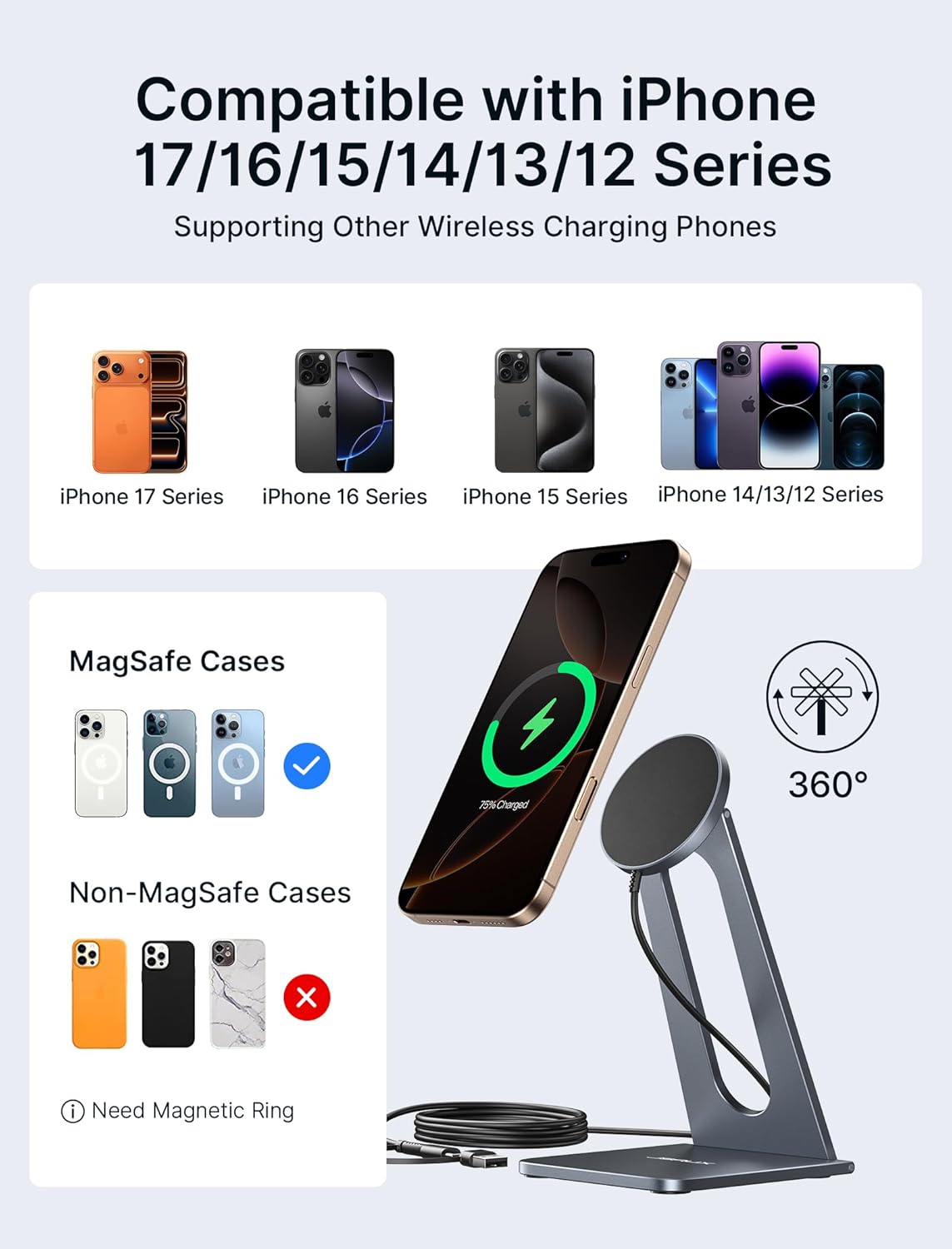 for iPhone 17 MagSafe Charger Wireless Charger Stand, JSAUX Magnetic Charger for iPhone 17e/17 Air Pro Max/16/15/14/13/12 Series/Airpods, Aluminum Alloy, Wireless Charging Stand - Grey