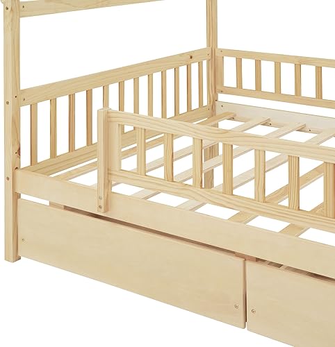 Miniatura 7 de Cama de casa con almacenamiento para vallas, camas de tamaño matrimonial estilo Montessori con barandillas y 2 cajones, marco de cama de madera para