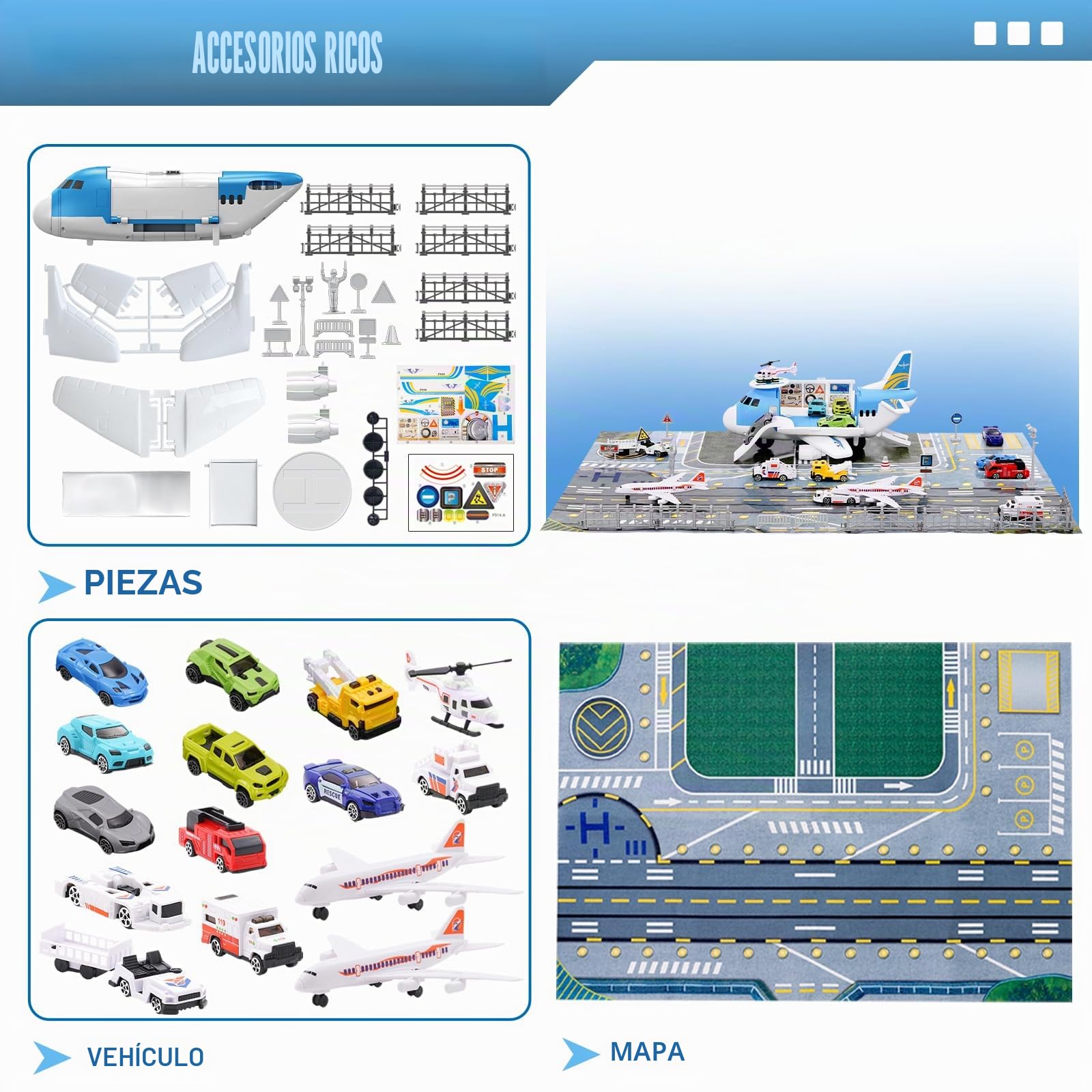 Transporte Avión Juguete Coche Juguete Total 15 medios de transporte con señales de tráfico y alfombrillas de juego, helicóptero aparcamiento juego de juego regalo para niños 3+ niños niñas