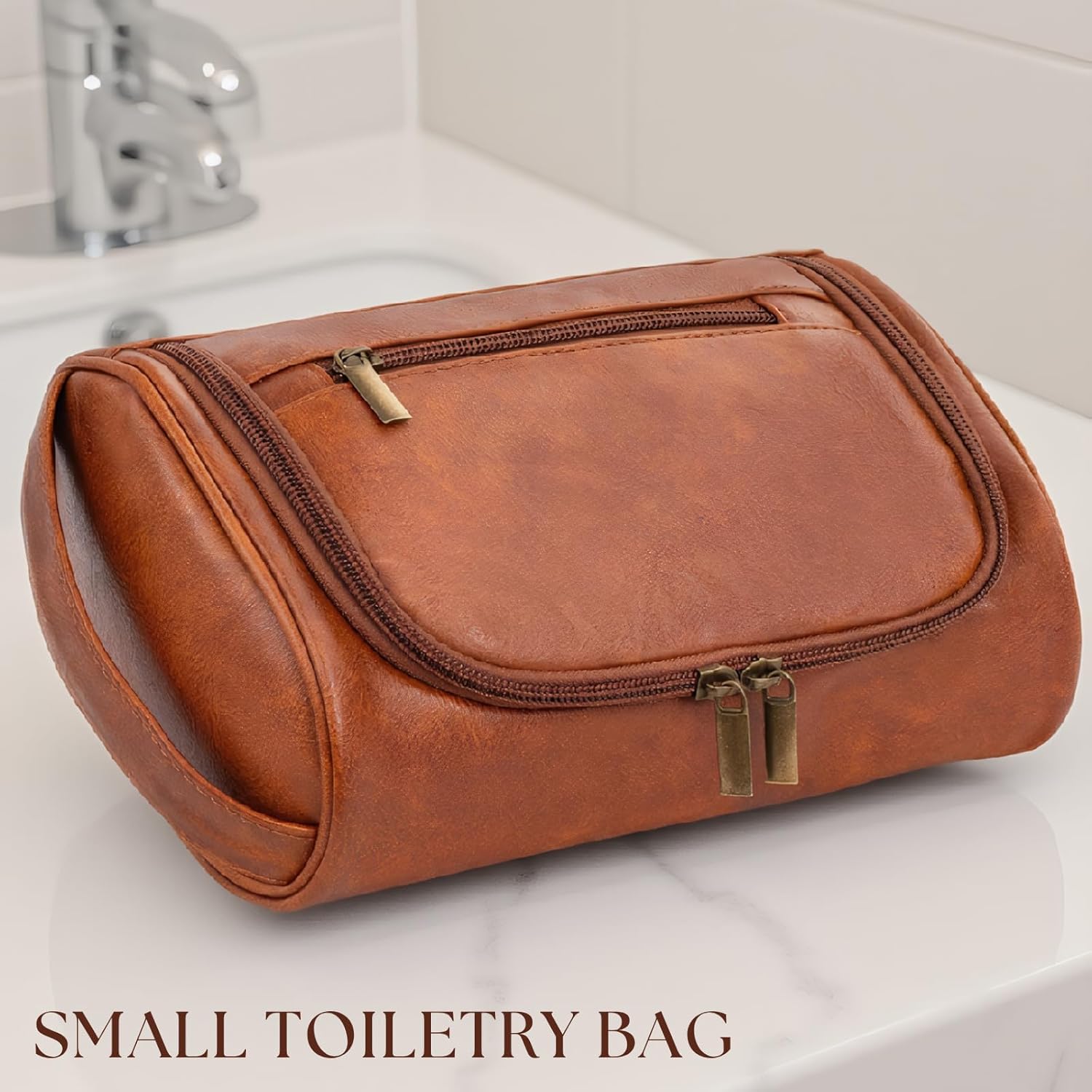 Mens Slim Toiletry Bag, Minimalist PU Leather Dopp Kit for Men, Compact Shaving Kit Organizer, Small Water-Resistant Travel Bag for Grooming Essentials Only,Brown - Image 6