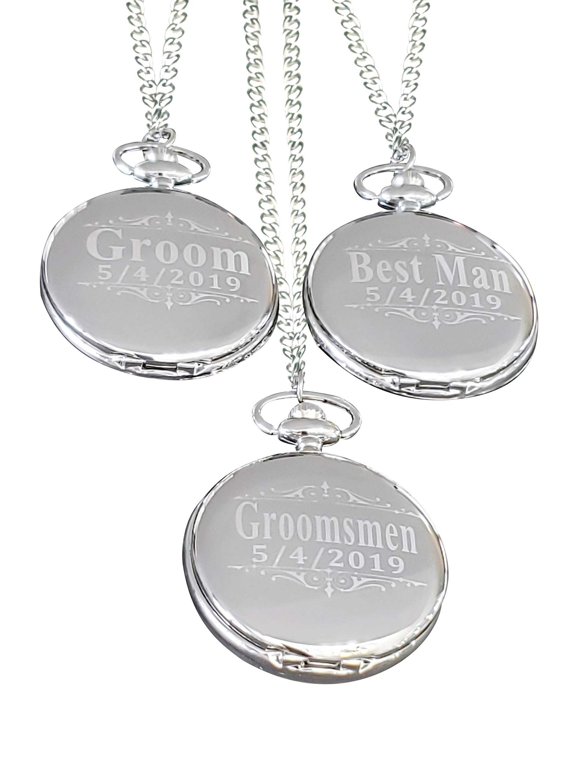 Eternity Engraving inc. 3 Pocket Watches Custom Engraved, Polished Gold with Roman Numerals, Chain & Box Included, 4 Colors Available, Set of 3 Pocket Watches (Silver)