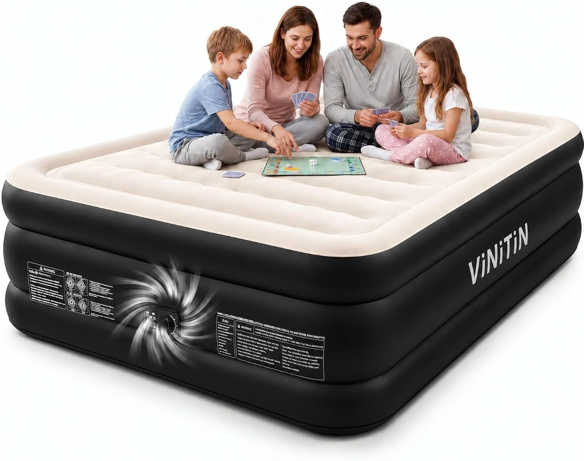 Queen Air Mattress with Built-in Pump, 16" Elevated Inflatable Bed for Home & Guests, Self-Inflating Blow Up Mattress with Flocked Top & Storage Bag, Max 660lb Weight