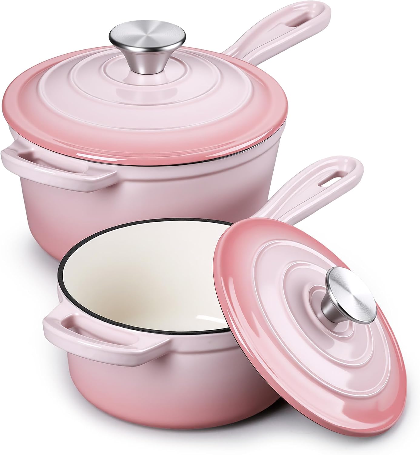 E-far 1Qt & 2Qt Enameled Cast Iron Sauce Pan Set with Self-basting Lids