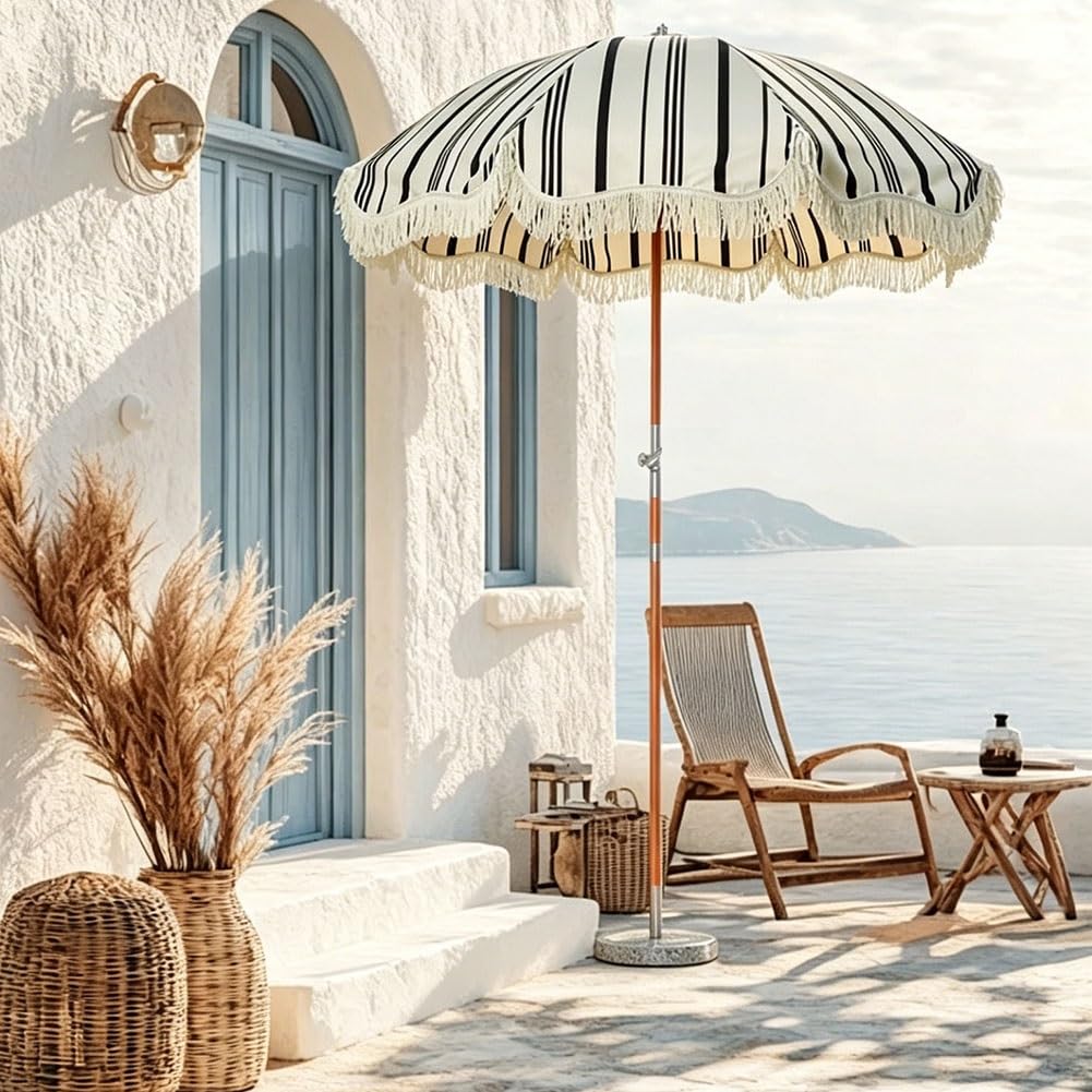 200 cm Parasol Plażowy w Paski z Frędzlami, Boho Składany Parasol Ogrodowy z Drewnianym Trzonkiem z Filtrem UPF 50+ do Basenu, Ogrodu