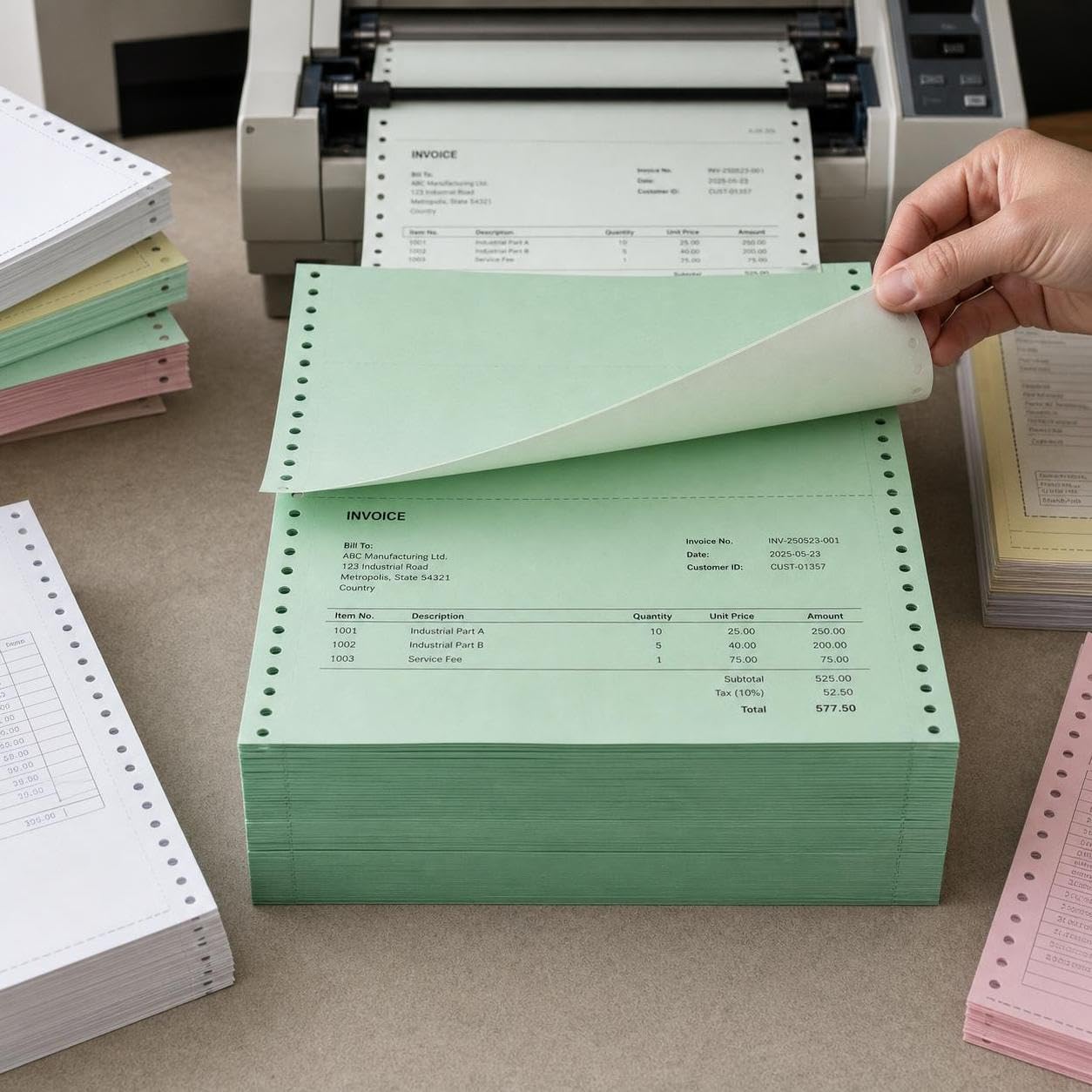 Endlospapier für Nadeldrucker, Computerpapier 2- bis 5-fach Durchschreibepapier mit Abreißkanten, Großpackung 800 Seiten, Grün, 4-fach, 2-geteilt, 10er-Box