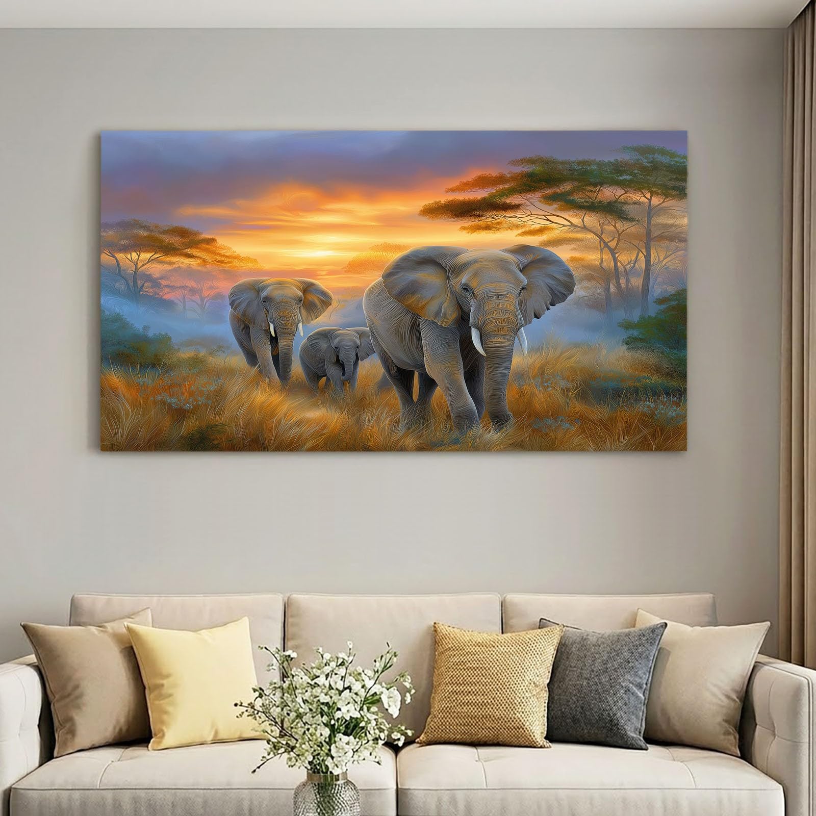 Obraz ścienny zwierzęta, obraz na płótnie - ściana na płótnie 100 x 70 cm, wydruk na płótnie ze słoniem, zachód słońca, akacja, oprawiona sztuka ścienna do salonu i sypialni, dekoracja ścienna