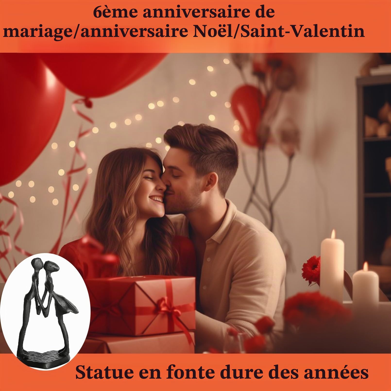 Aoneky Statuette Couple Amoureux- Sculpture Homme Femme S'embrassent en Fer - Cadeau pour St Valentin Anniversaire Mariage Noël Noces de Fer/Bronze - Décoration Salon Maison(Coeur)