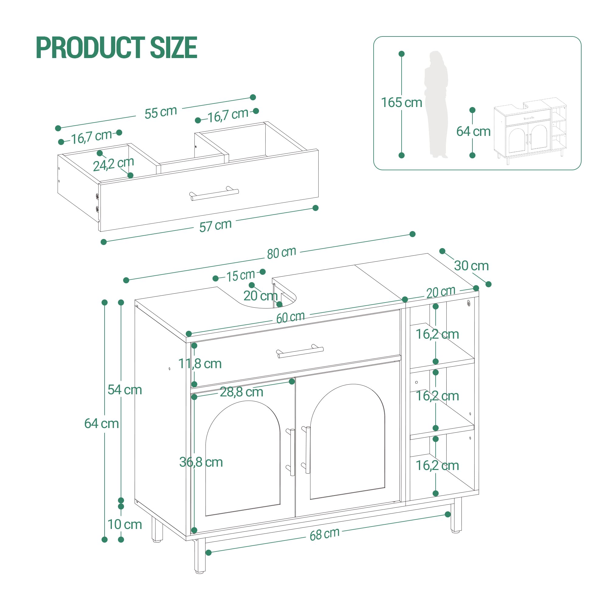 Hzuaneri Waschbeckenschrank, Badezimmerschrank, 1 Schublade 2 Schranktüren, Offenes Fach mit 3 Ebenen, Verstellbare Ablage, Weiß, 30 x 80 x 64cm BC28813G