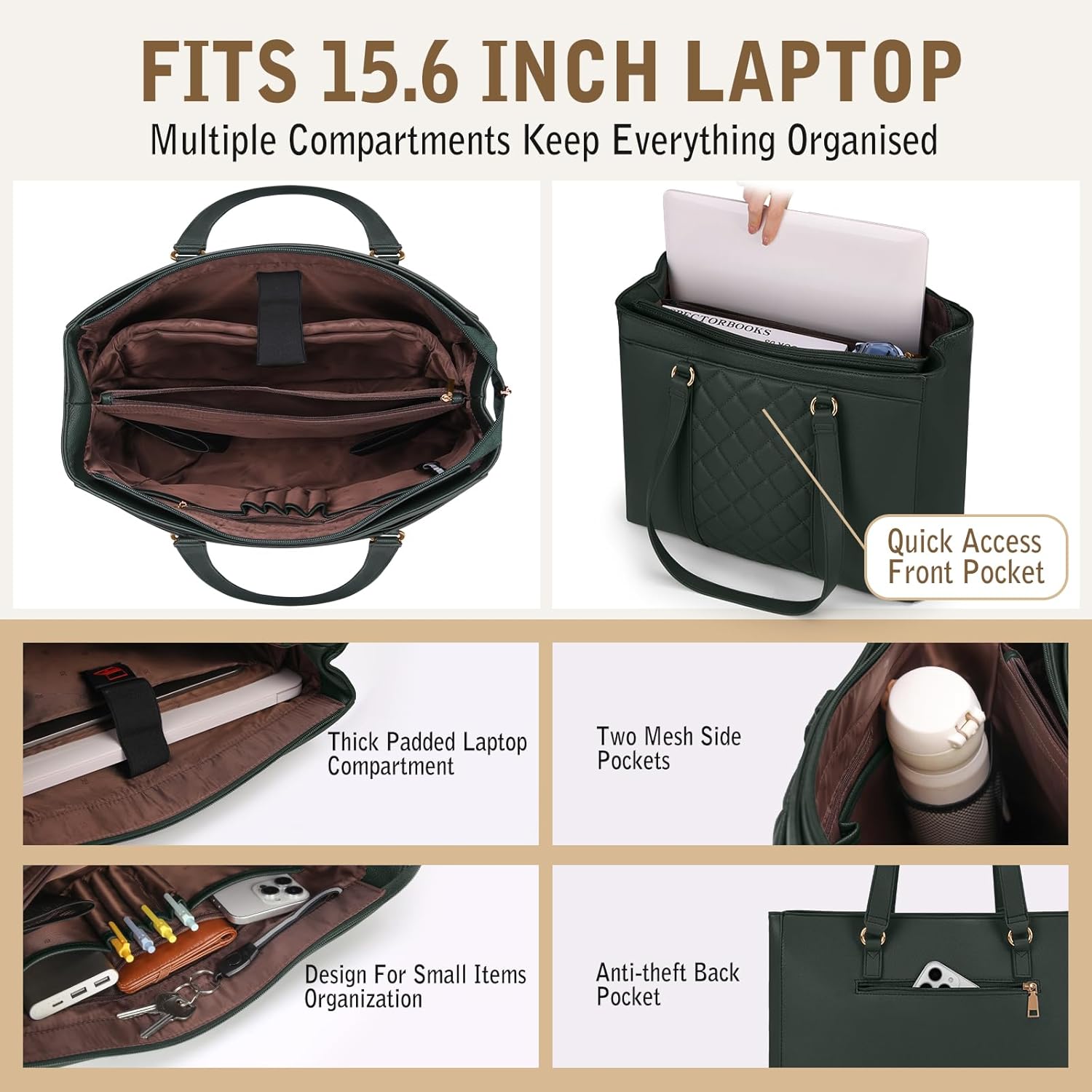 RAINSMORE Laptop Bag for Women 15.6 Inch Work Tote Bags Waterproof Leather Laptop Tote Professional Computer Briefcase - Image 4