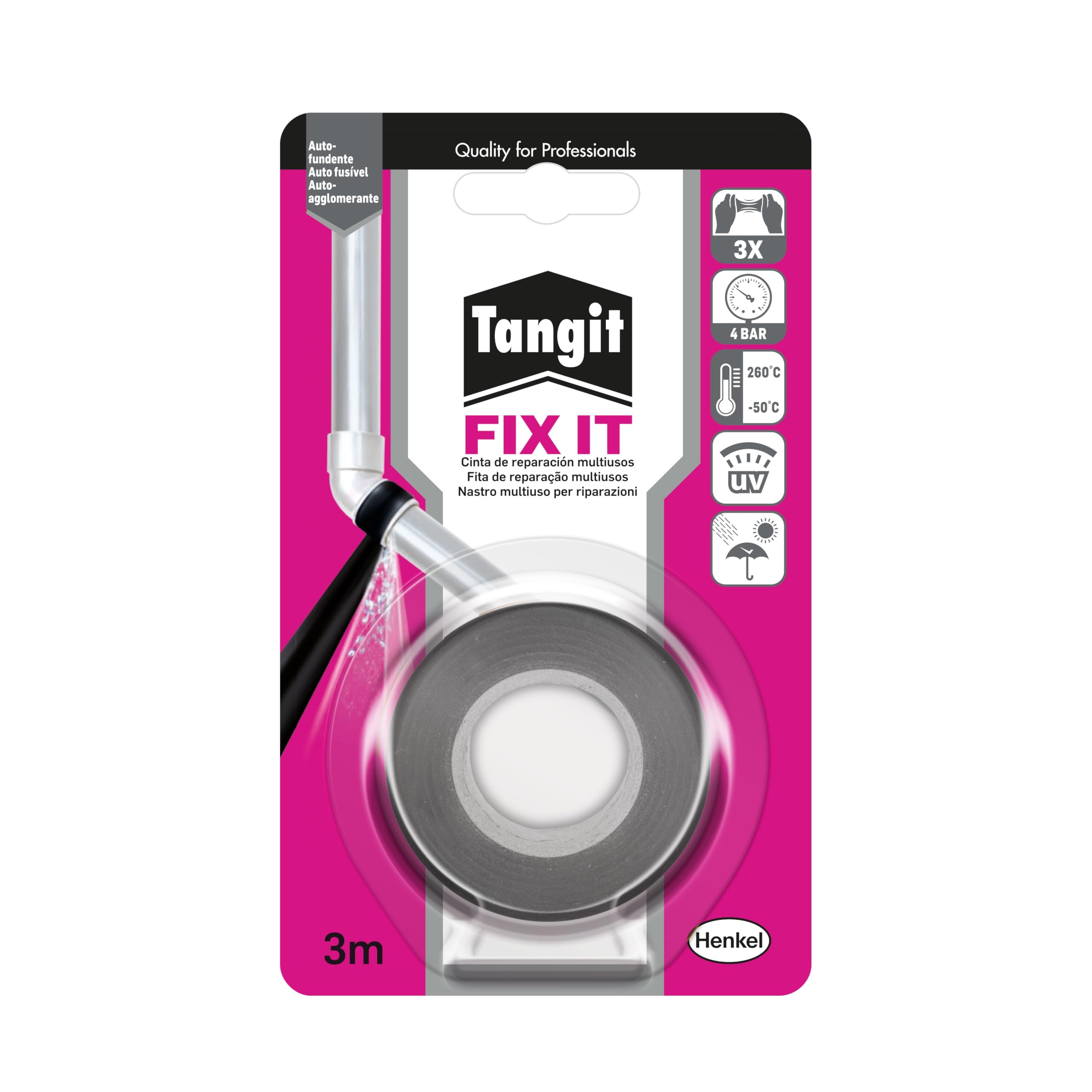 Tangit Fix It Nastro autoagglomerante per isolare perdite, Nastro isolante per riparazioni rapide, utilizzabile anche su superfici umide, 1 blister da 3 m