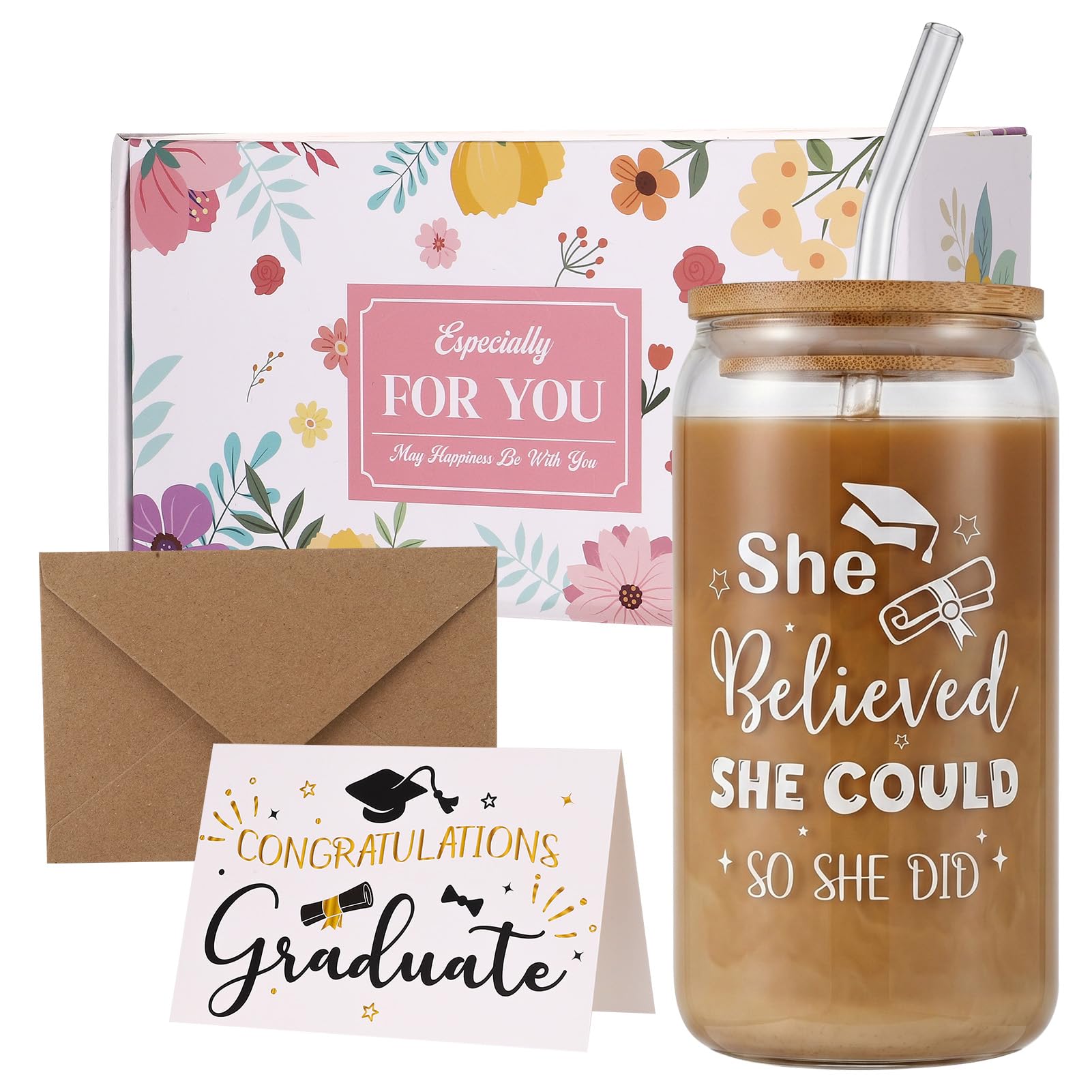 saerryor College Graduation Gifts for Her,Graduation Gifts for Daughter Girlfriend Sisters Best Friend,Glass Tumbler with Straw and Lid for Iced Coffee Bubble Tea Water,Leaving Present for Women