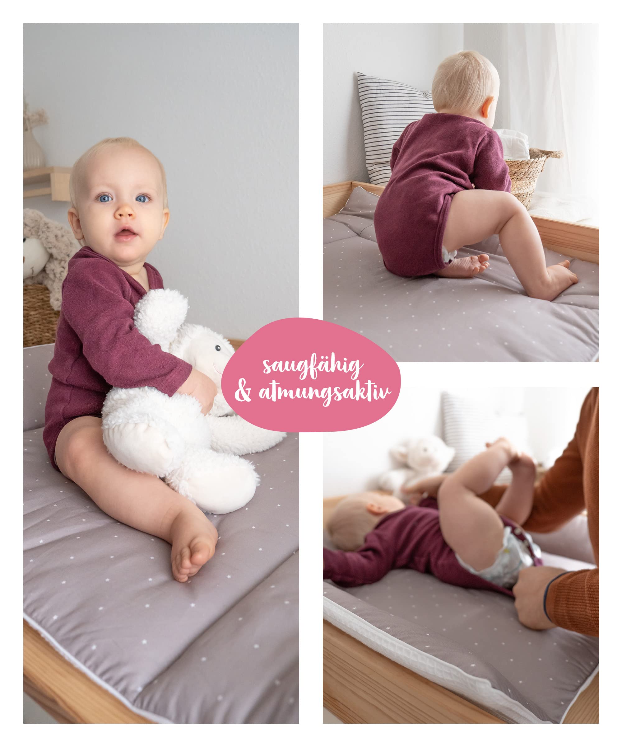 Ehrenkind® Wickelauflage 85x75 cm | Waschbar + 100% Bio-Baumwolle Bezug | Wickelunterlage | Wickeltischauflage | Standard 100 by OEKO-TEX 75x85cm Rose weiße Punkte