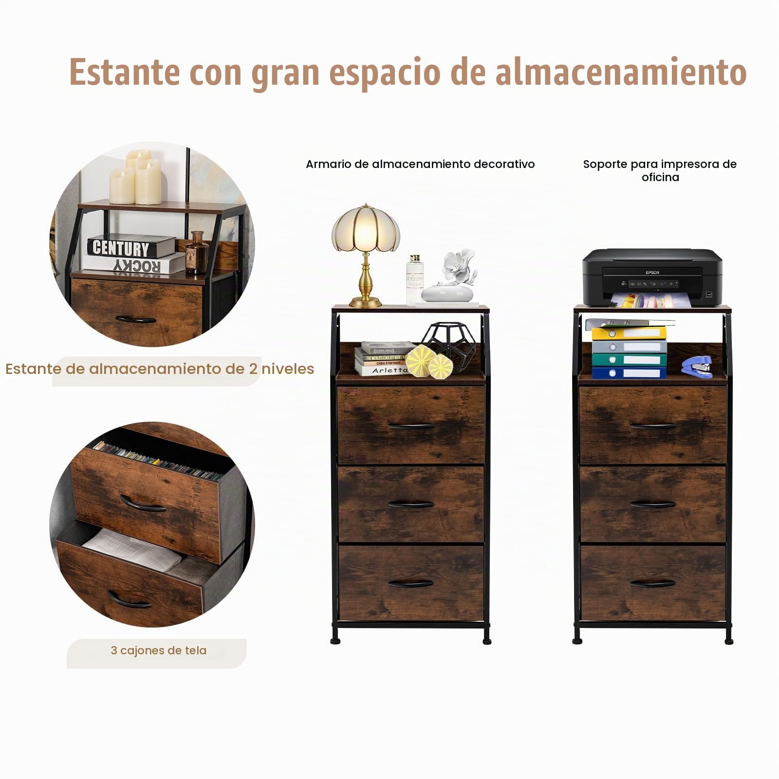 KOMFOTTEU Cómoda con 3 Cajones Plegables de Tela y Estructura Metálica