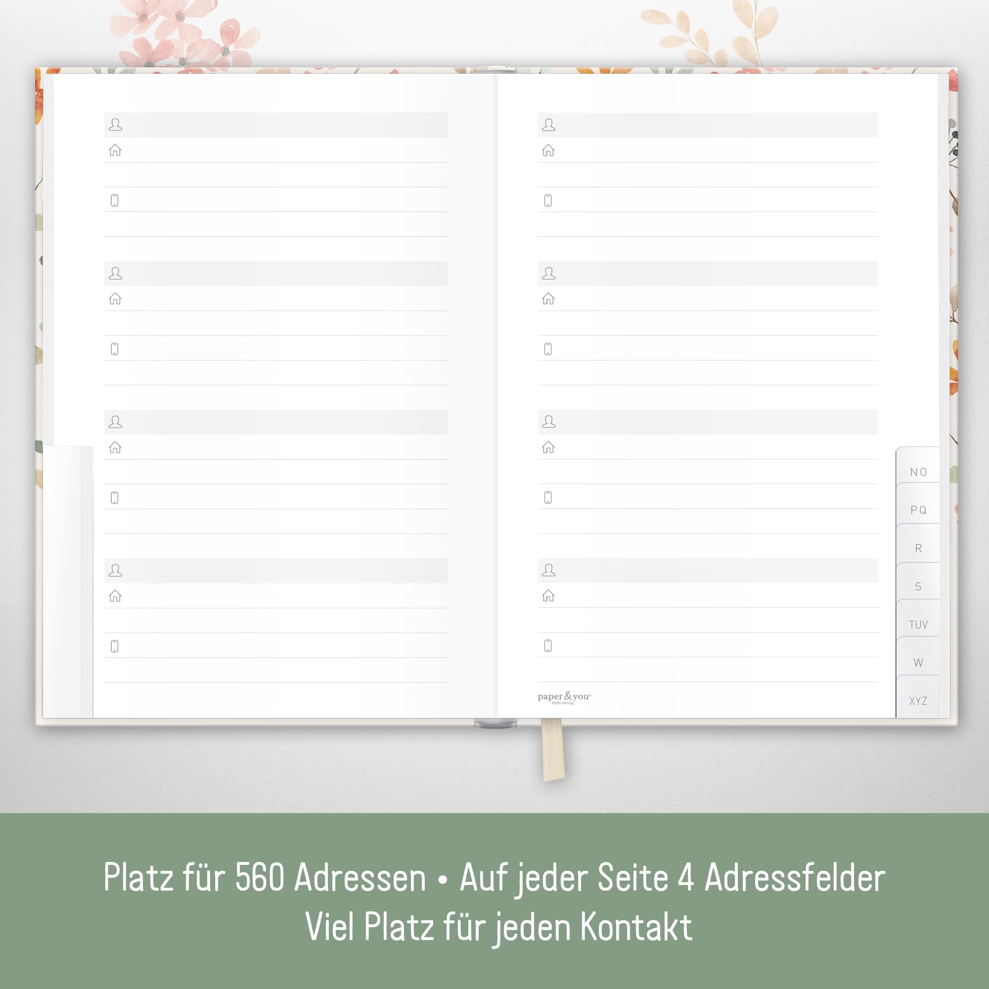Paper&you Carnet d'adresses A6+ avec onglet A-Z et papier premium 120 g/m² Wild Blossoms - durable & respectueux au climat