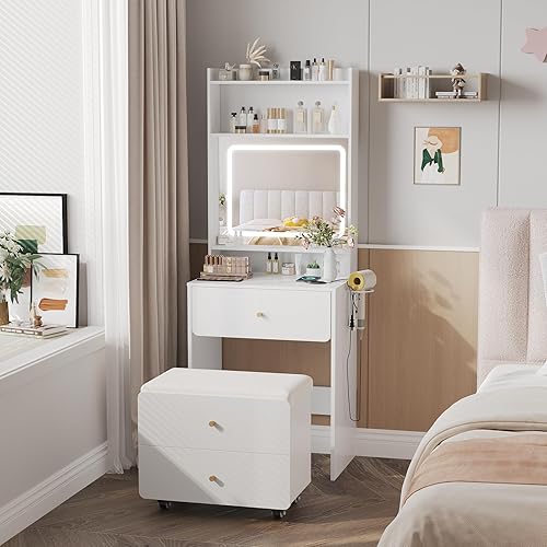 Miniatura 2 de Vabches Escritorio de tocador de maquillaje con espejo y luces, juego de mesa de tocador blanca con estación de carga, tocador pequeño para niñas y
