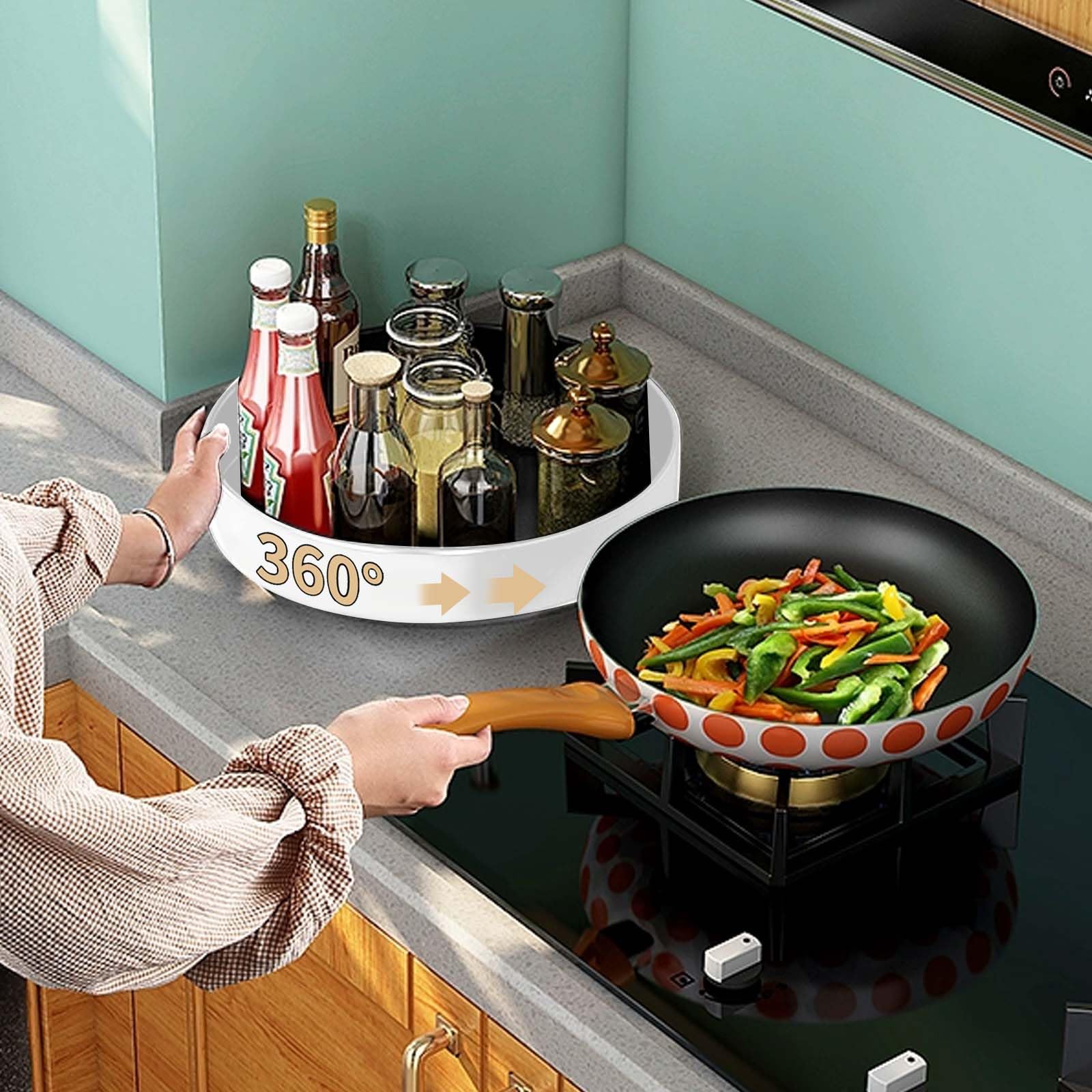 Küche Organizer Drehteller aus Kohlenstoffstahl, 26cm Küchenschrank Drehteller Organizer, Grosse Kapazität Gewürzregal Drehbar Anti Rutsch Küchenlagerungs für Küchenregal Arbeitsplatte (Weiß, 26CM)