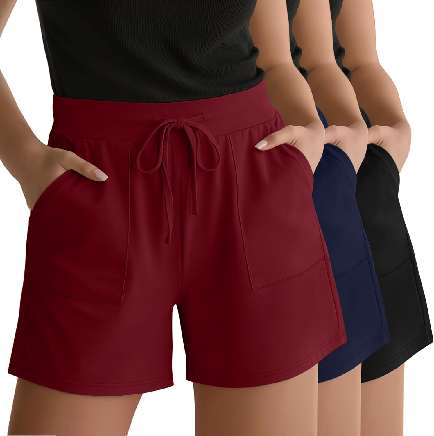 3 Pack Women's Plus Size Bermuda Shorts with Pockets High Waisted Drawstring Knee Length Casual Lounge Shorts