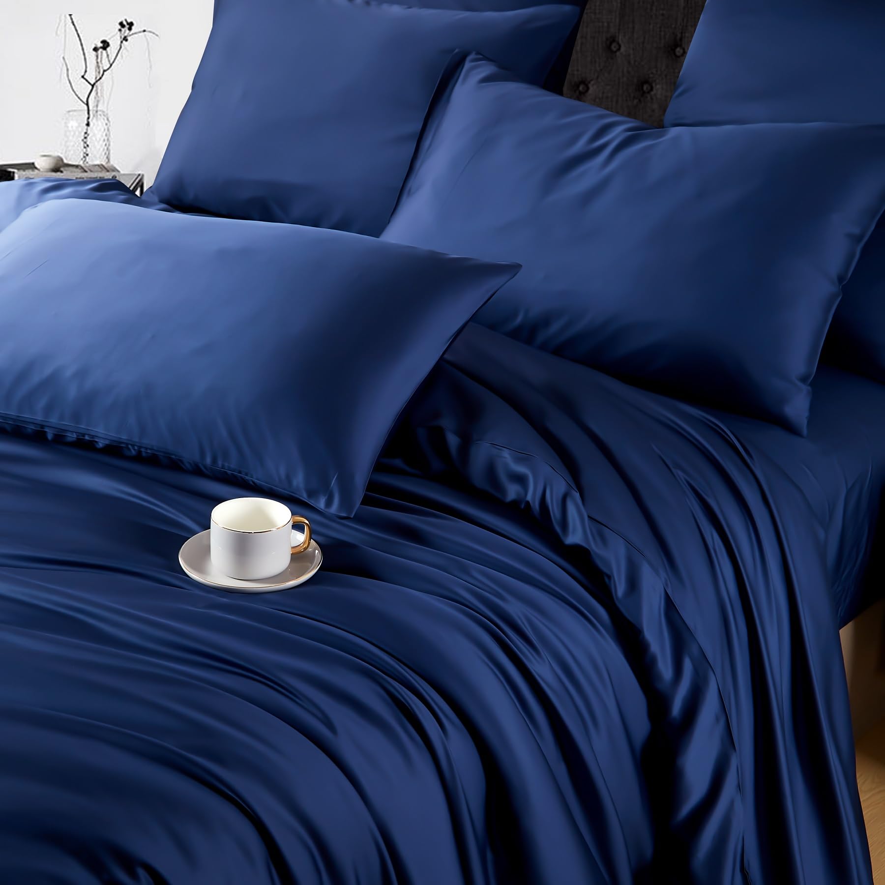 Ropa de cama de bambú de 155 x 220 cm, color azul liso, 50 % bambú lyocell, ropa de cama refrescante, suave y transpirable, de seda sedosa, juego de 3 piezas con cremallera y 2 fundas de