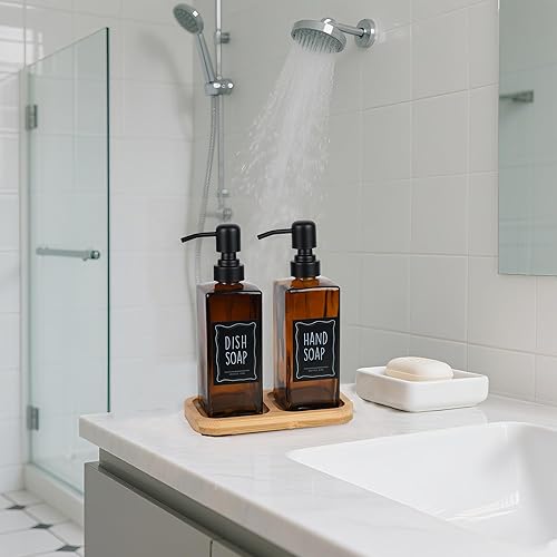 Miniatura 3 de Moderno dispensador de jabón con base de bambú. Dispensador de jabón de vidrio con bomba de acero inoxidable, perfecto para decoración de cocina y