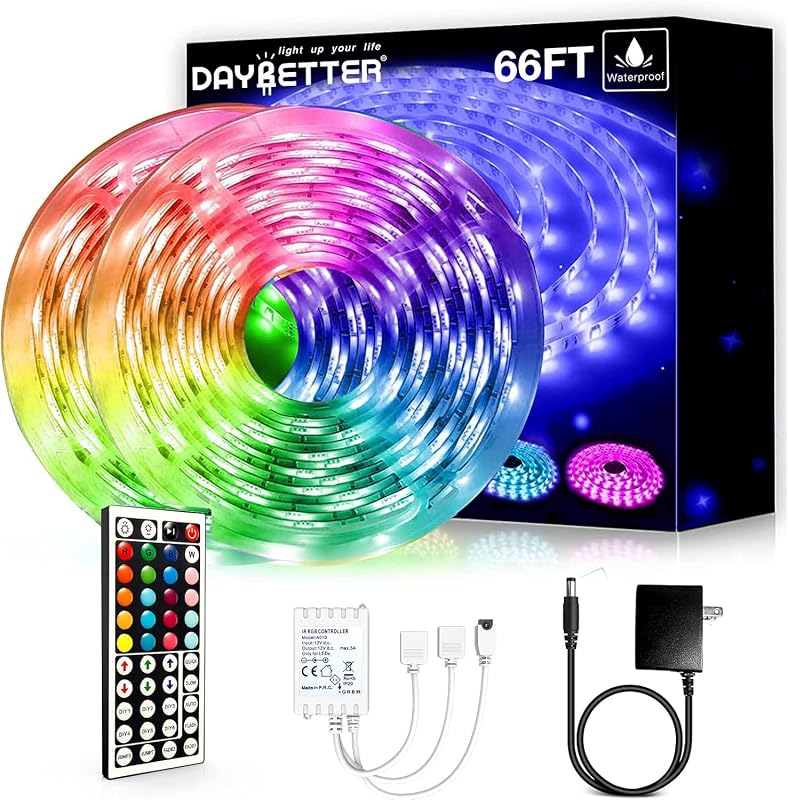 DAYBETTER Tiras de luz LED impermeables de 66 pies, tiras de luces LED para exteriores que cambian de color 5050 RGB tiras de luces LED con control remoto, luces LED para uso en interiores y exteriores, IP65 (2 rollos de 33 pies)