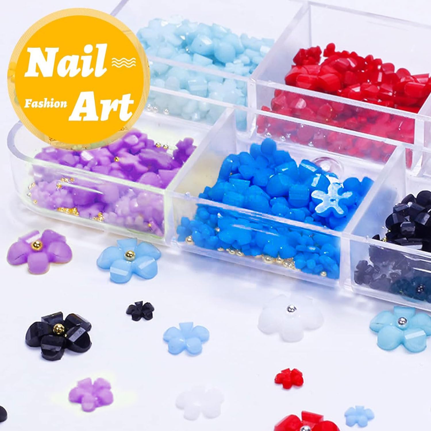 2Boxes 6 Grids 3D Colorful Flower Nail Charms- 3D Nail Flowers Rhinestone with Gold Caviar Beads Mixed DIY Nail Decorations for Acrylic Cherry Blossom Nail Art Design (Colorful B) - Image 3