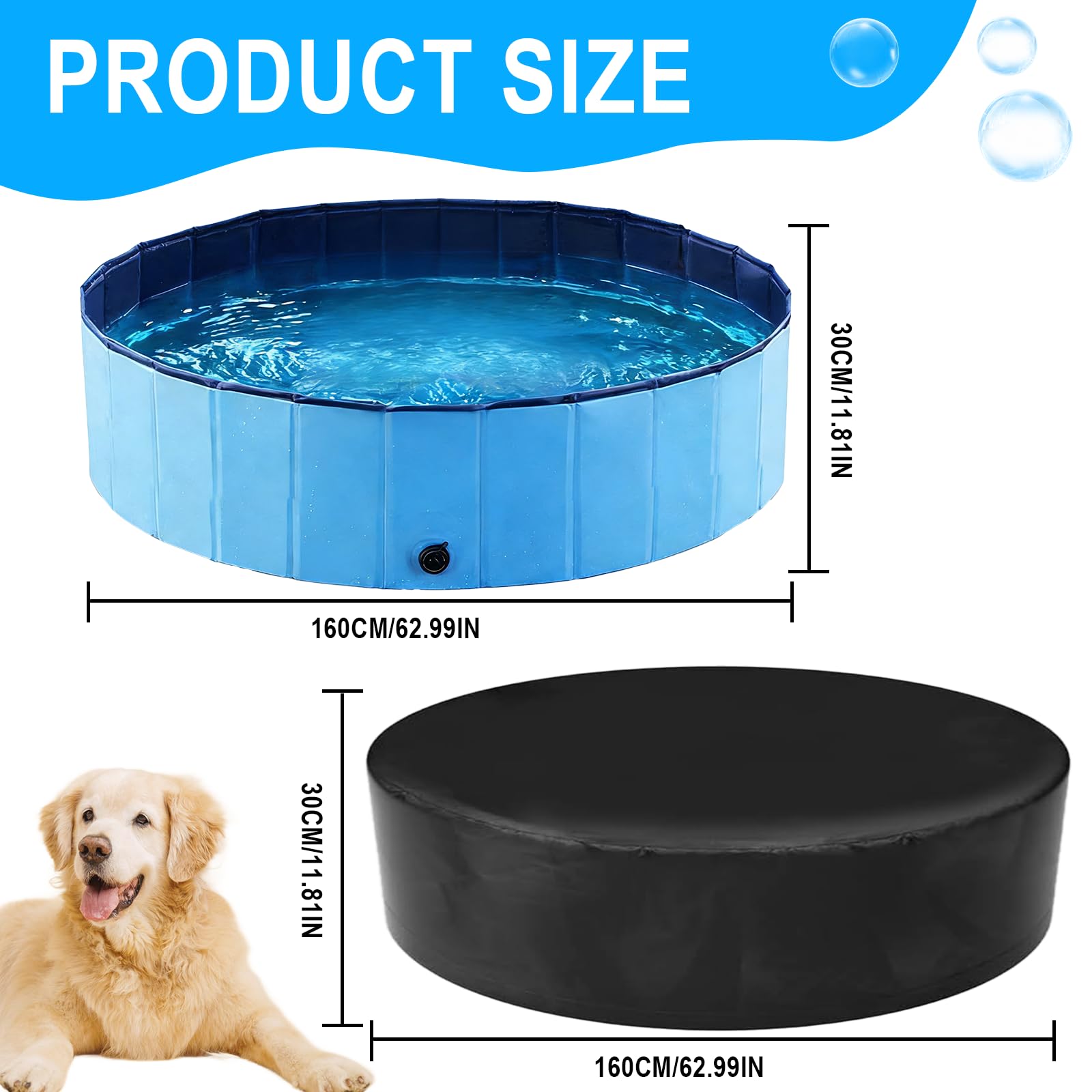 Piscine pour chien - 160 x 30 cm - Avec housse de protection contre la poussière - Pliable - En PVC - Pour grands chiens - Piscine portable pour l'extérieur, le jardin