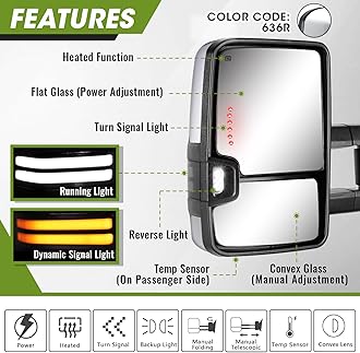 Towing Mirrors for Chevy Silverado/GMC Sierra 1500 (2014-2018), 2500HD/3500HD (2015-2019), Switchback Dynamic Turn Signal/Running Lights Power Heated (Painted Silver)