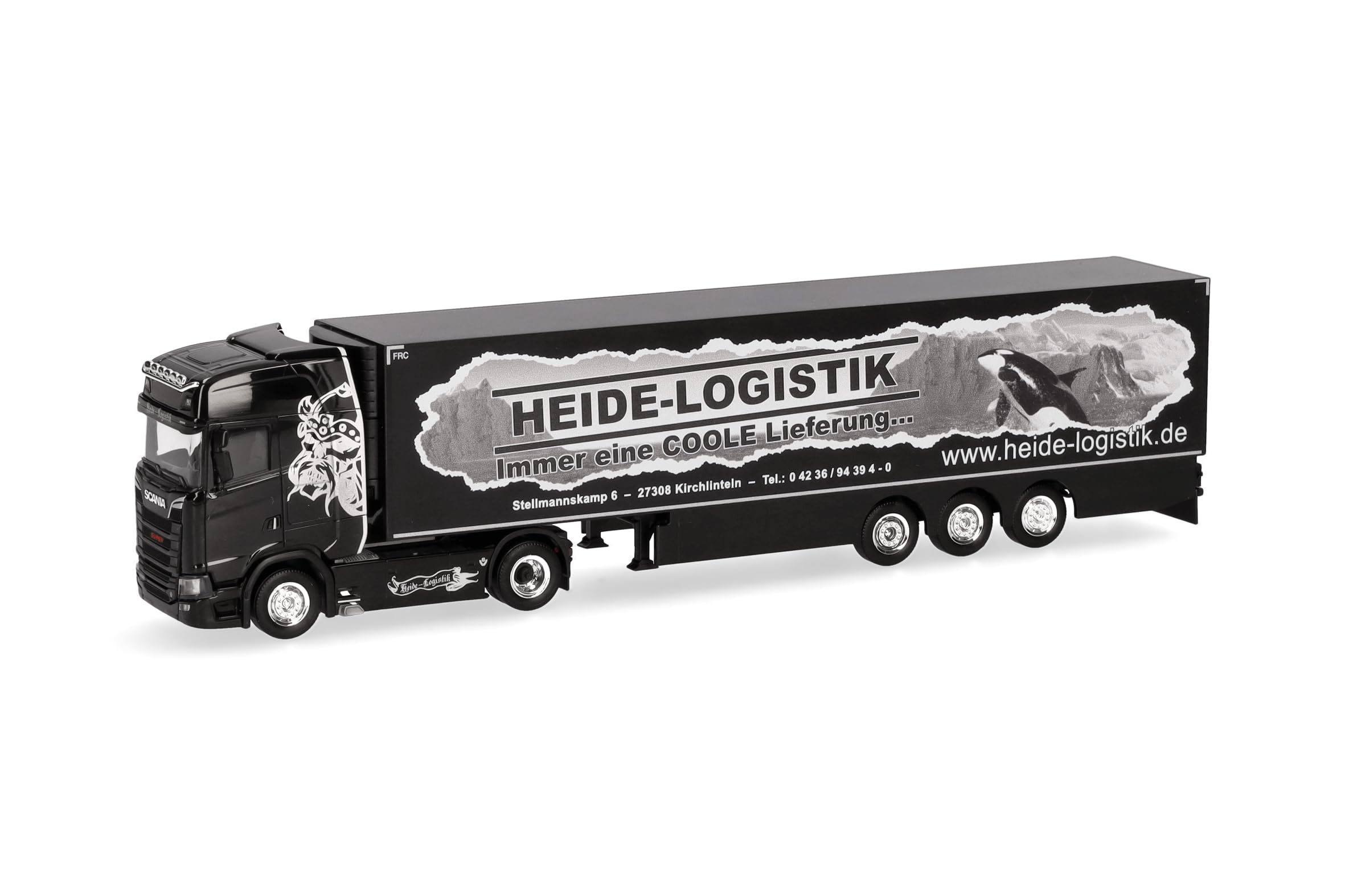 Herpa Model ciężarówki Scania CS 20 HD naczepa chłodnia "Heide Logistik", miniatura w skali 1:87, kolekcjonerski, Made in Germany, plastik