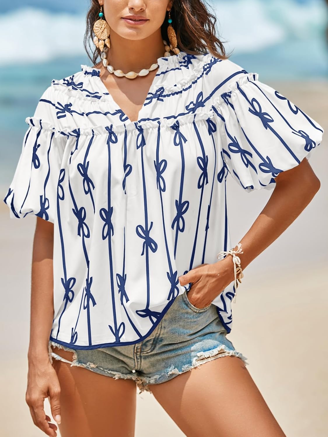 Cicy Bell Womens Summer Babydoll Tops Short Lantern Sleeve Bow Print Blouse V Neck Pleated Casual Cute Tee Shirts - Image 3