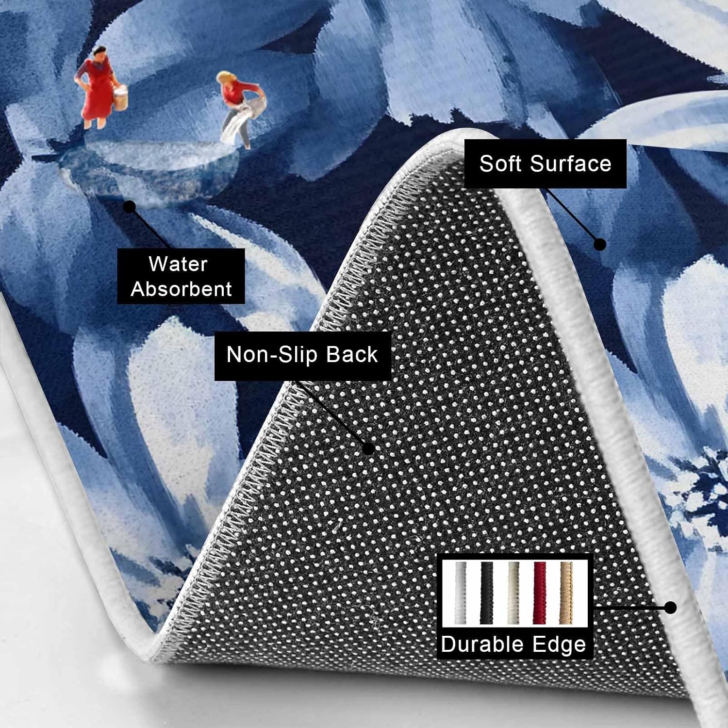 Prime Leader White Navy Kitchen Mat Set 2 Pieces Blue Daisy Watercolor Blooming Floral Botanical Non Slip Kitchen Rugs Washable Runner Rug Mats for Sink Laundry (15.7" x 23.6"+15.7" x 47.2")