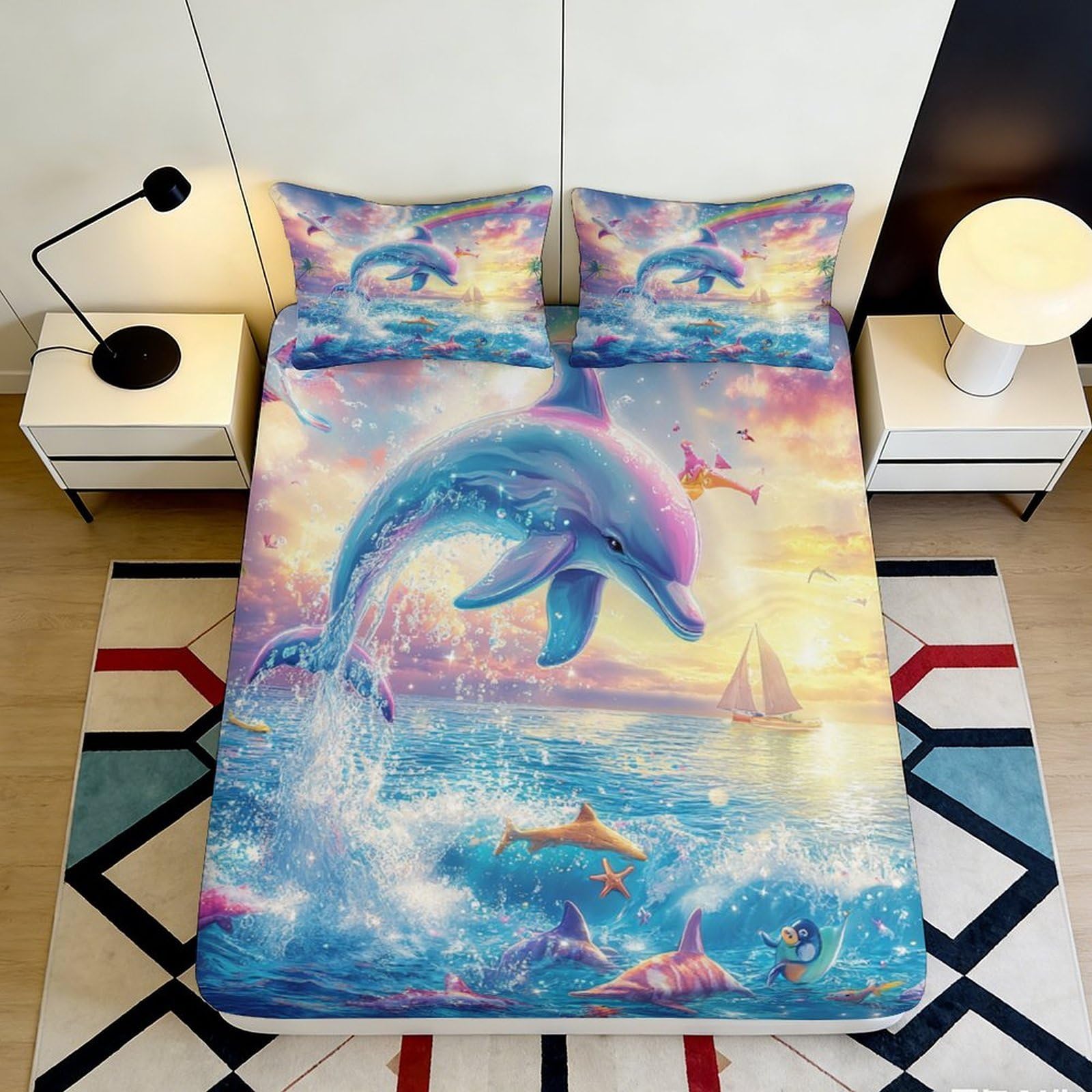 3D Printed Ocean Dolphin Fitted Sheet Microfiber Soft Blue Sunset Wave Mattress Cover Bedroom Guest Room Decor 90x200x25cm