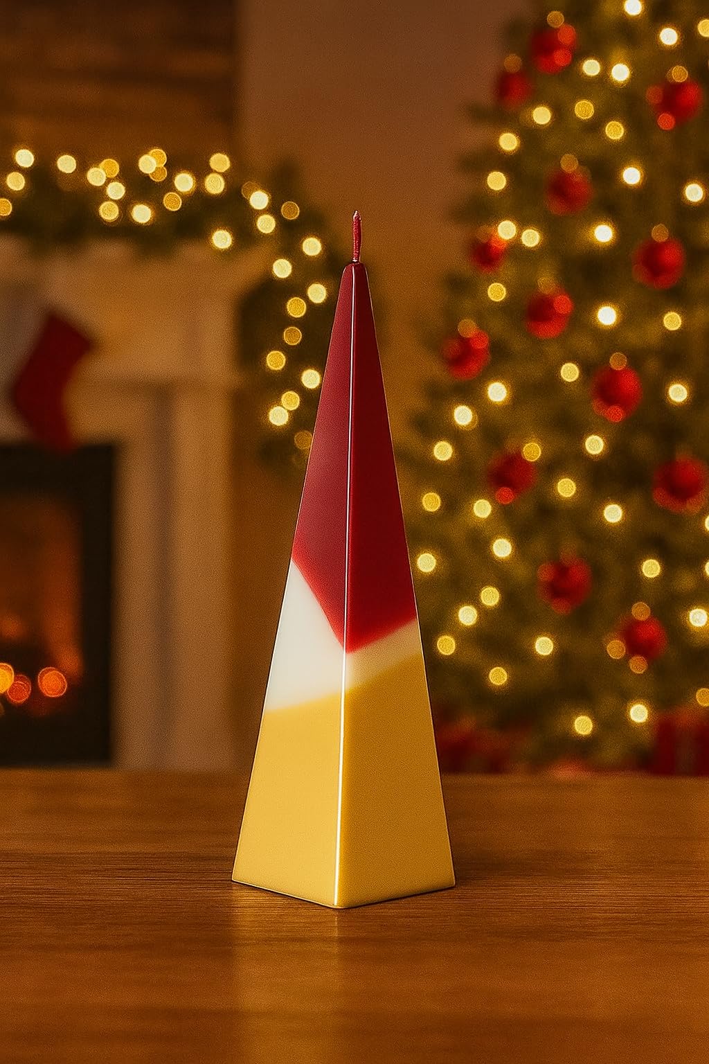 Marco Paul Interiors Pyramid Candle Marco Paul Tall Pyramid Christmas Candle Long Burning - 33Cm Large Soy Wax Unscented Pillar Candles - Decorative Multicolor Red, Gold Candle For Christmas Table Centrepieces, Mantels & Home Decor