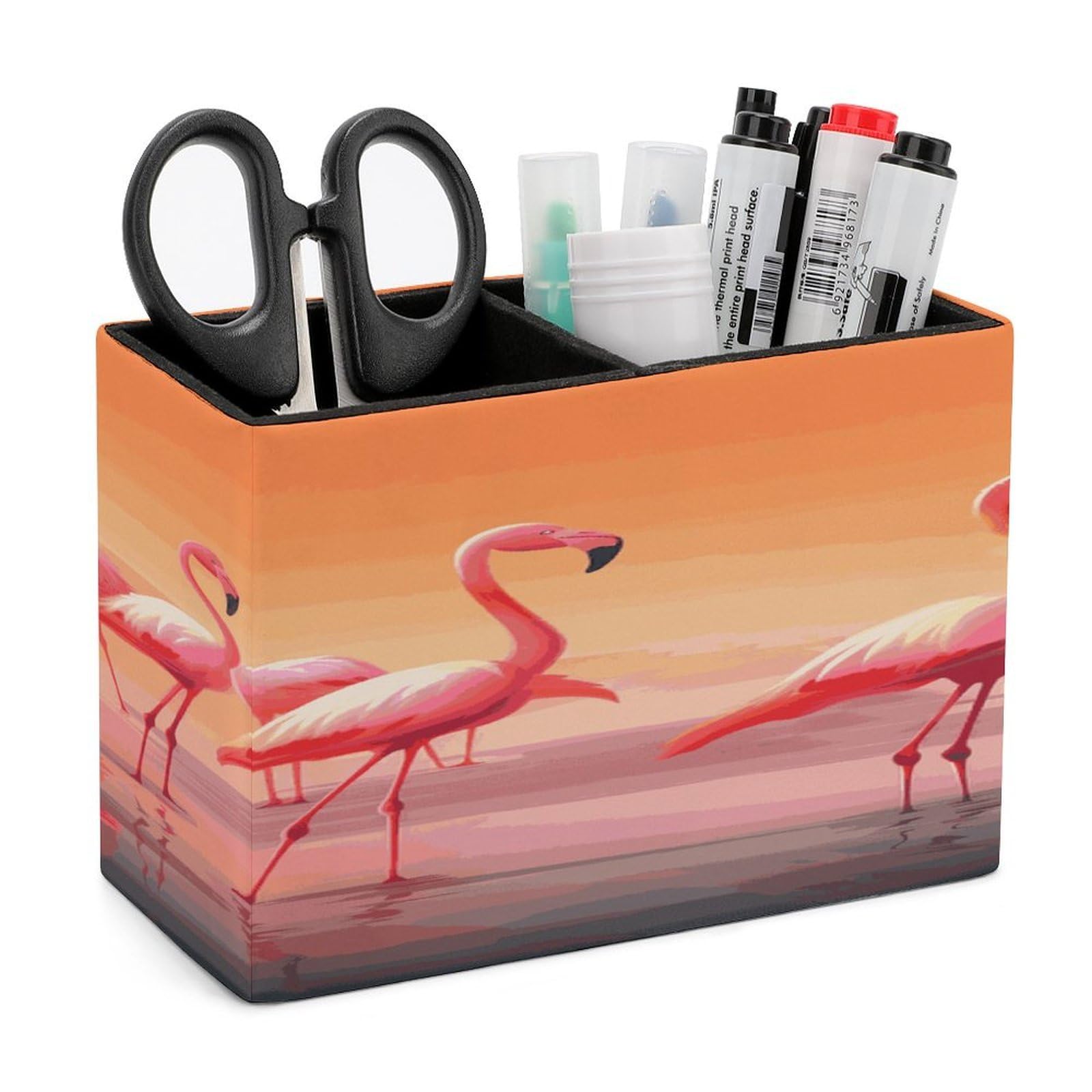VstaDank A Flock of Flamingos Pencil Holder for Desk(Double Slots) Fashion Leather Pencil Cup Simple Rectangular Shape Pen Holder Multi-Functional Pen Cup for Home Office Supplies Storage