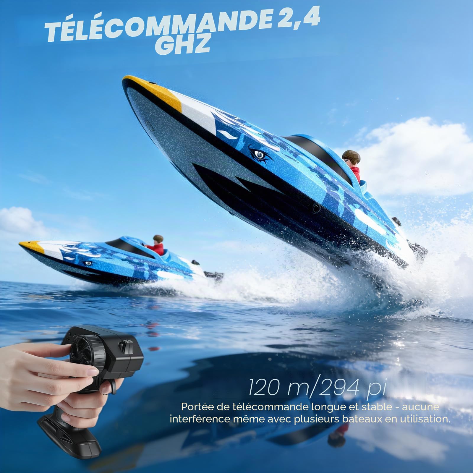 Bateau Télécommandé RC 25 km/h - Télécommande 2,4 GHz avec Portée 120m - Bateau Rapide Étanche avec LED & Fonction Flip - 2 Batteries & Refroidissement Eau pour Piscine Lac Adultes Enfants, Bleu