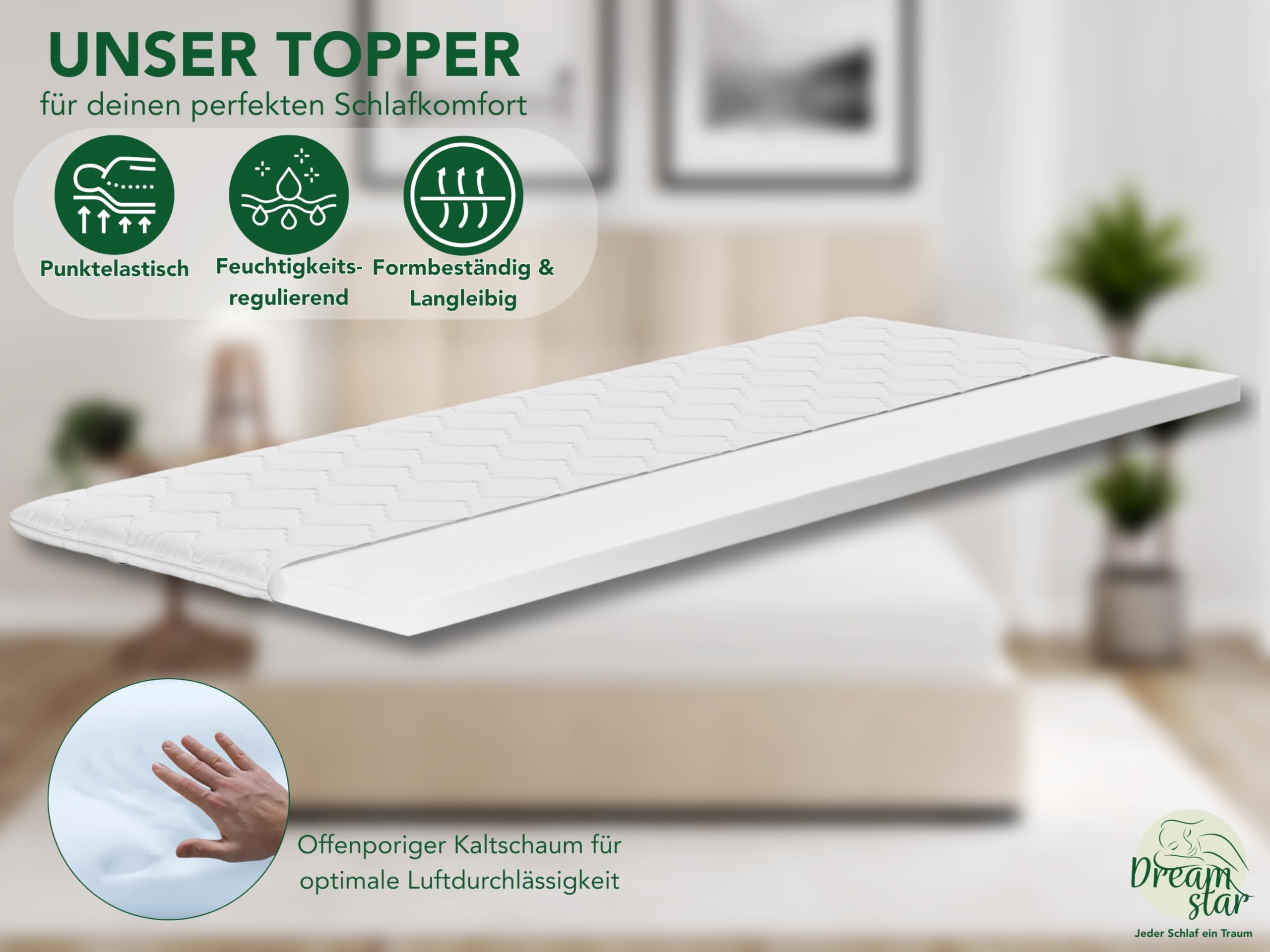 DREAMSTAR Matratzen Topper 140x200cm fest | Good Night Matratzentopper 6cm hoch | Öko-TEX® Zertifiziert & ergonomisch für Boxspringbett, Wohnwagen | rutschfest durch Bänder zur Befestigung - 3