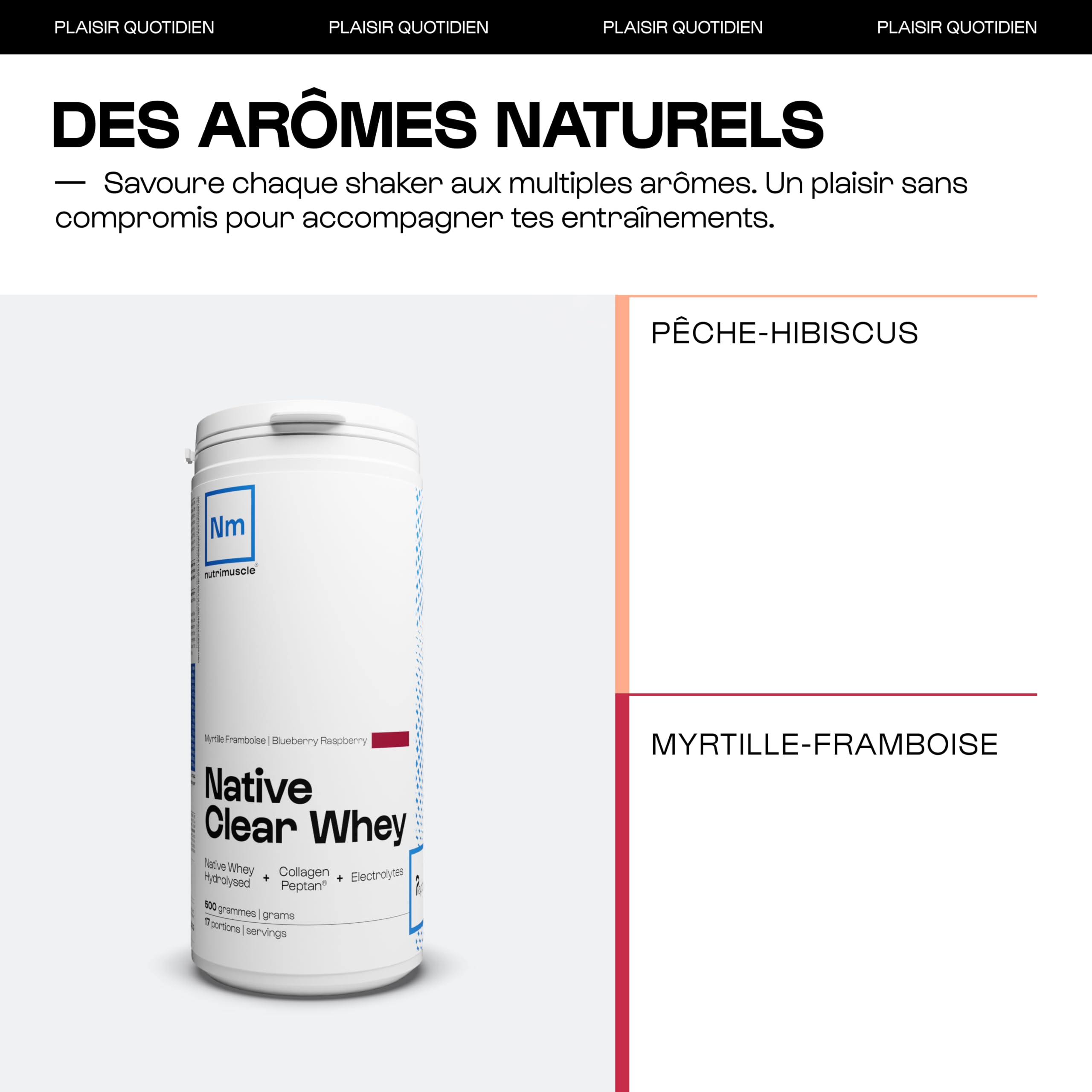 Clear whey 100% Native - 500 gr - Myrtille Framboise - Whey Hydrolysée Native + Collagène bovin breveté Peptan + Électrolytes - Sport et Santé - Nutrielement | By Nutrimuscle
