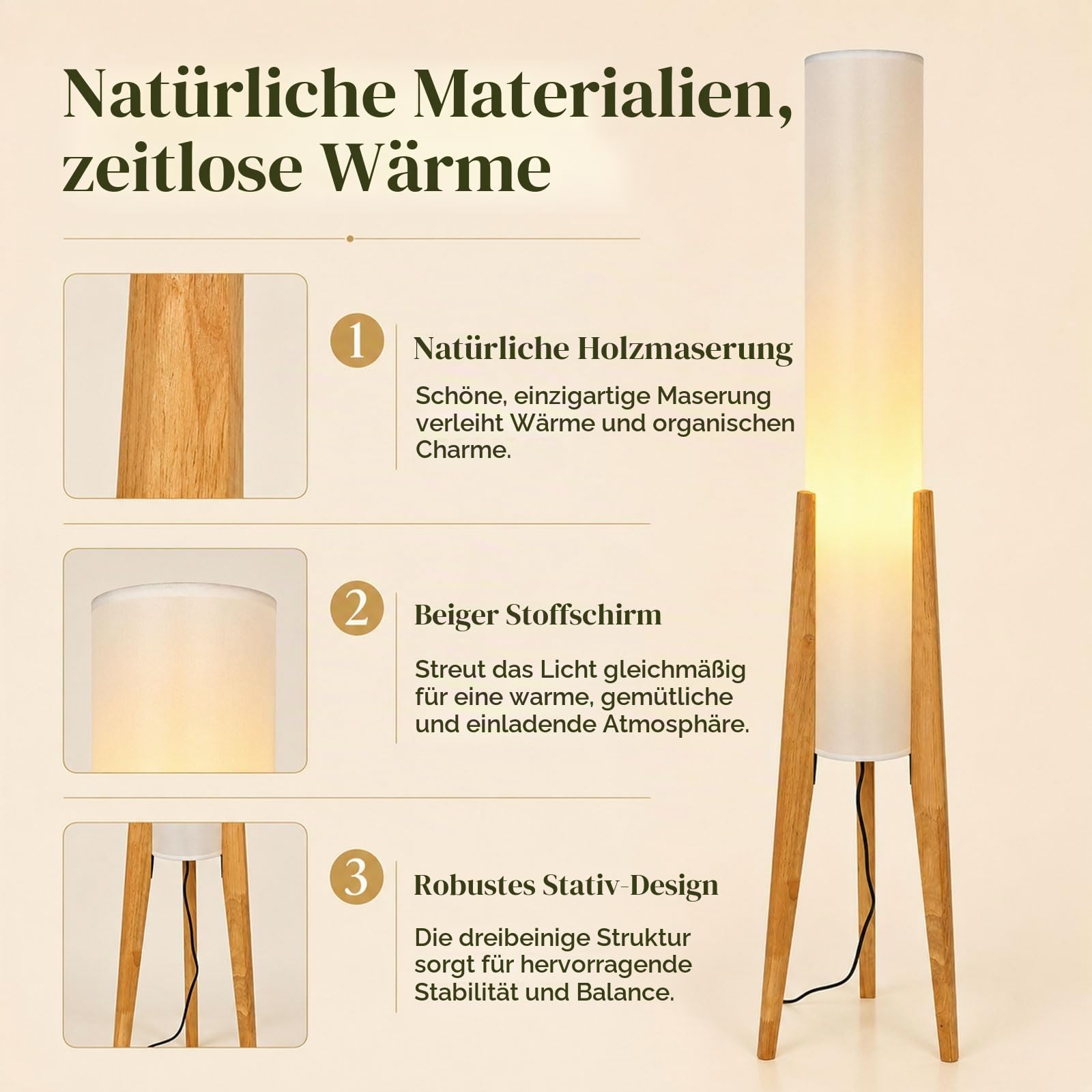 Wabi-Sabi Stativ-Stehlampe Aus Holz, 128 CM, Papierlaternen-Stil | Hoher Leinenschirm, E27-Glühbirne Inklusive, 3 Farbtemperaturen, Fußschalter, Naturholz, Wohn-, Schlaf- Und Arbeitszimmer