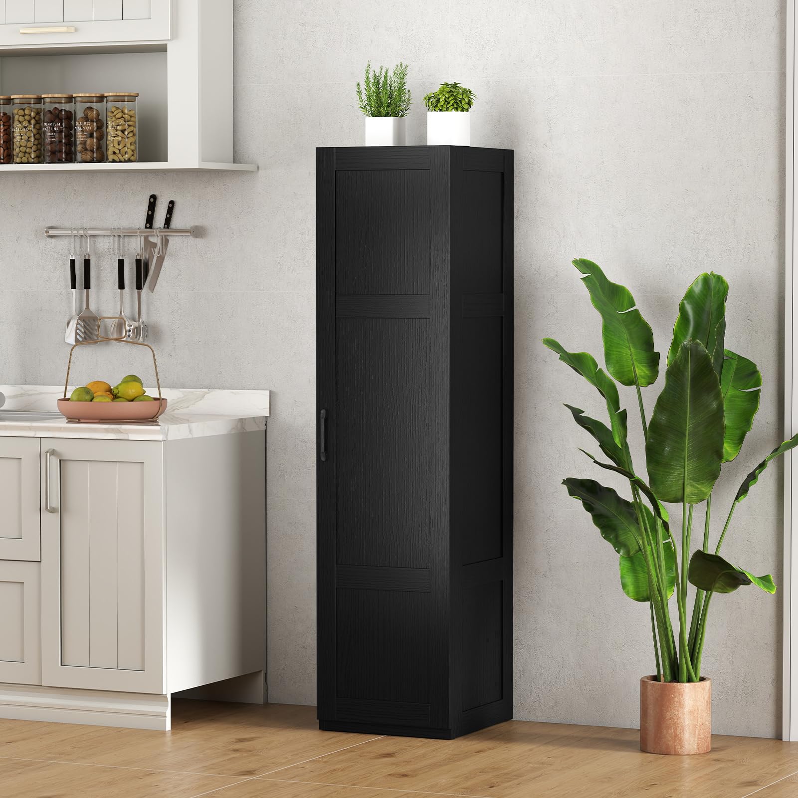 KOMFOTTEU Credenza da Cucina con Manico in Metallo, Armadio a Buffet Antiribaltamento, Mobile da Bagno Stretto a 4 Ripiani, per Sala da Pranzo, Soggiorno, 37,5 x 40 x 150 cm (Nero)