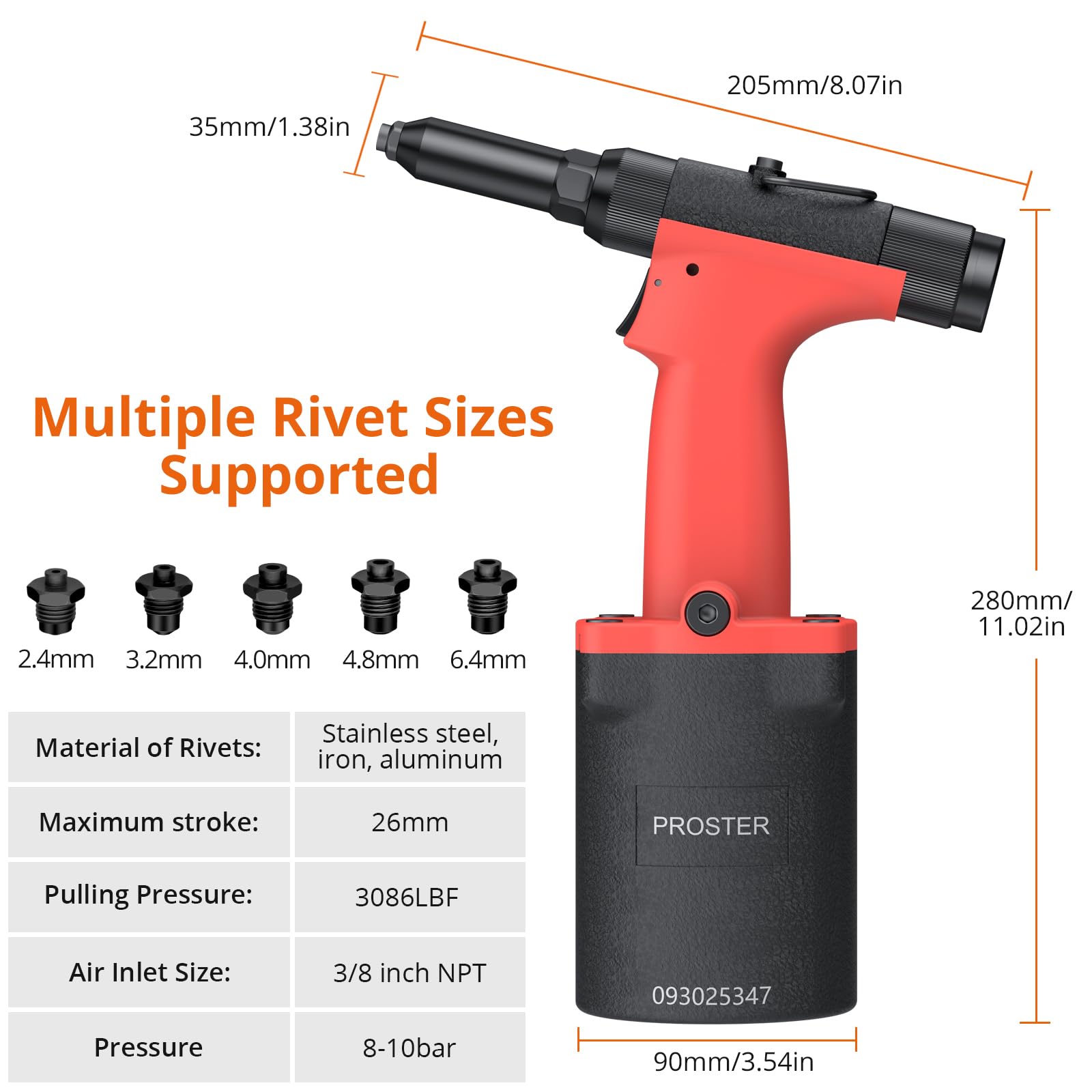 Proster Remachadora Neumatica Autoaspirante 1400KGF Pistola Remachadora de Aire con 360°Conector de Aire Giratorio y 5 Tamaños de Boquilla 2,4-6,4mm para Mecánicos, Marinos y Automoción