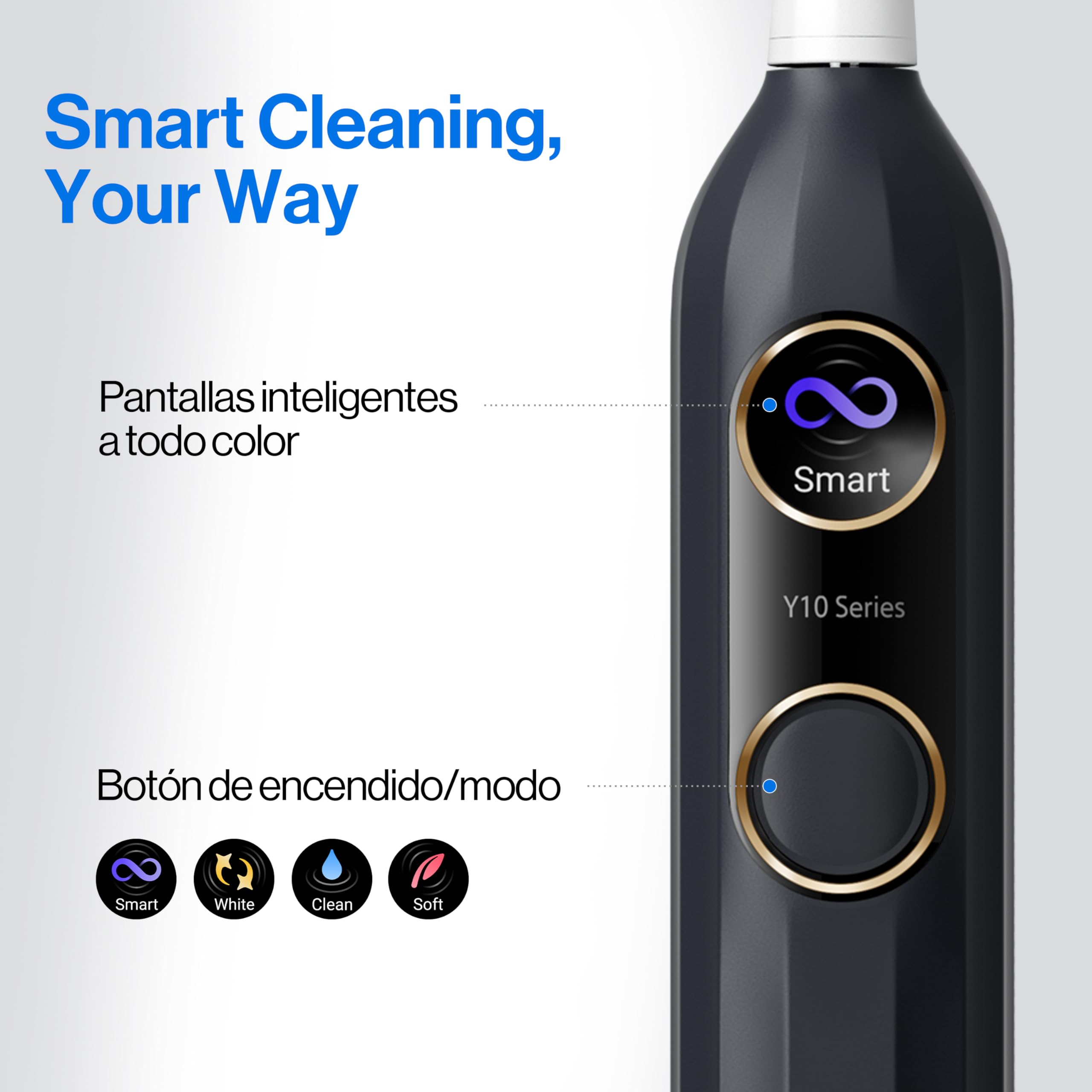 usmile Y10 Cepillo de dientes eléctrico con pantalla inteligente, 4 modos de limpieza, cepillo de dientes sónico inteligente con temporizador y control de presión, una carga dura 180 días