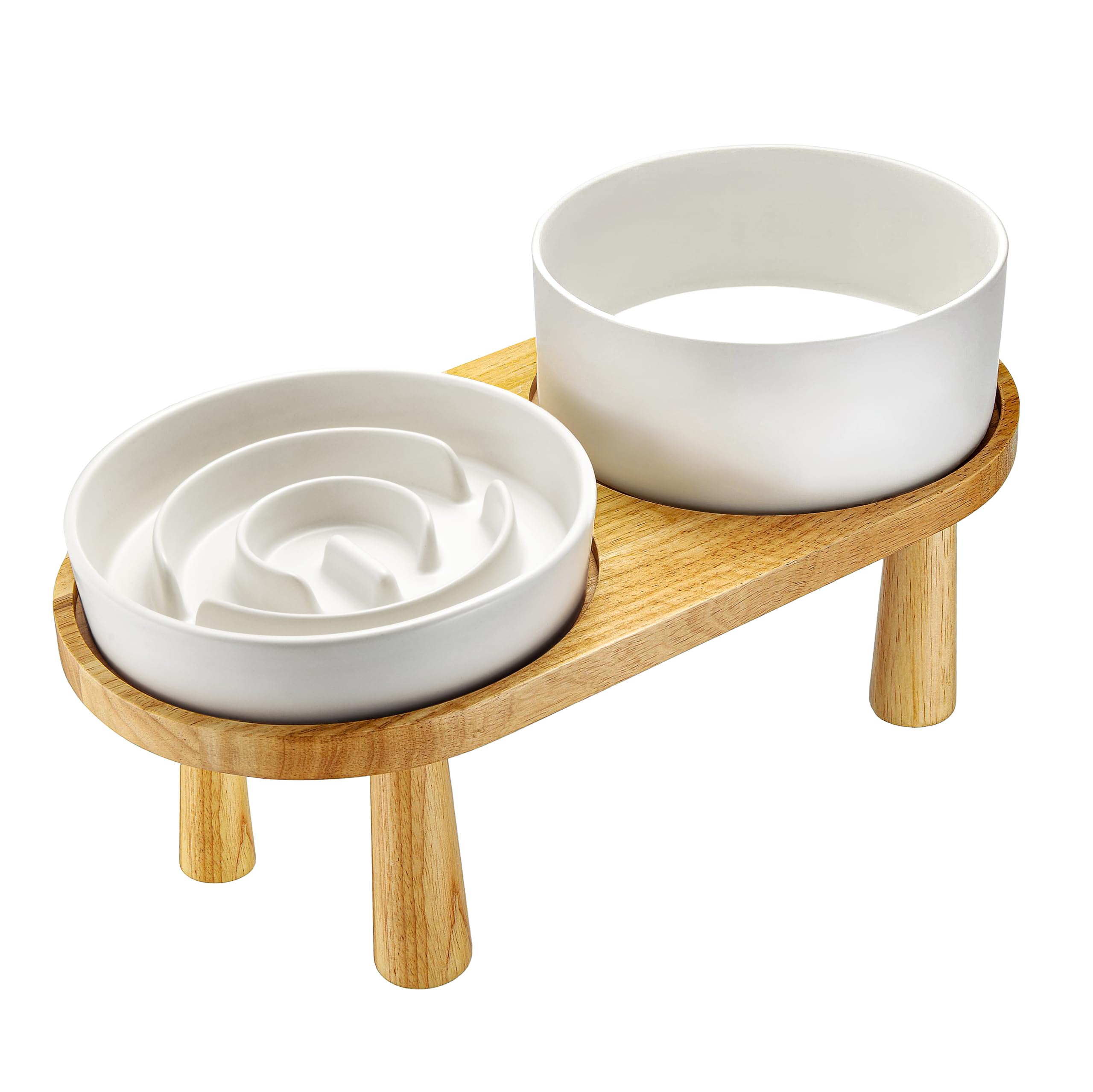 MOPANG Ceramic Slow Feeder and Water Bowl Set for Medium and Large Dogs, 8.0inch Ceramic Dog Bowls Elevated with Wooden Stand, 2.0 Cups Dog Slow