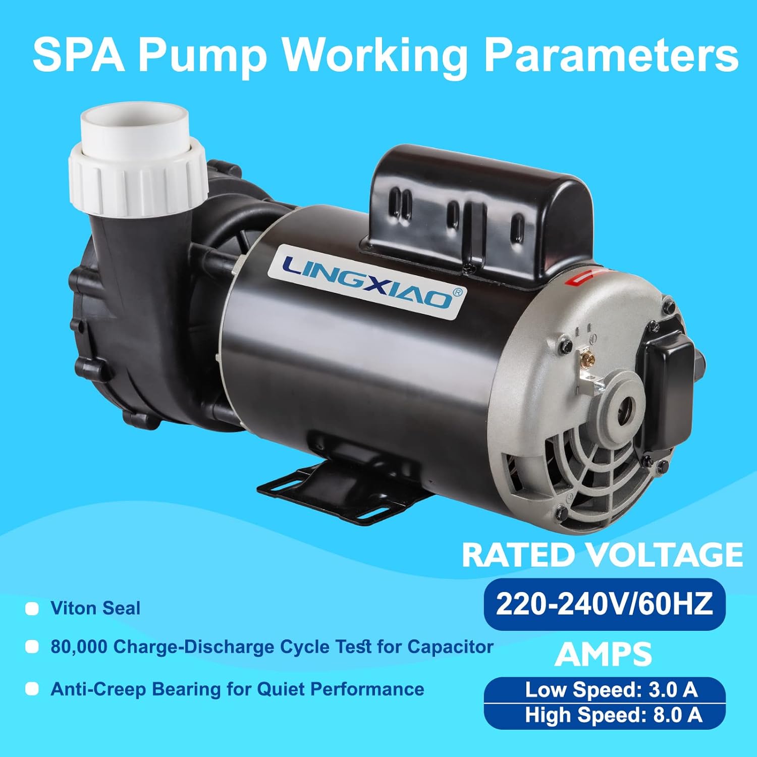 WUA200-II SPA Pump, 2 Speed Hot Tub Pumps 2HP - LX SPA Pump Motor 220V-240V, 2" Port, 56 Frame (Mode:56WUA200-II）