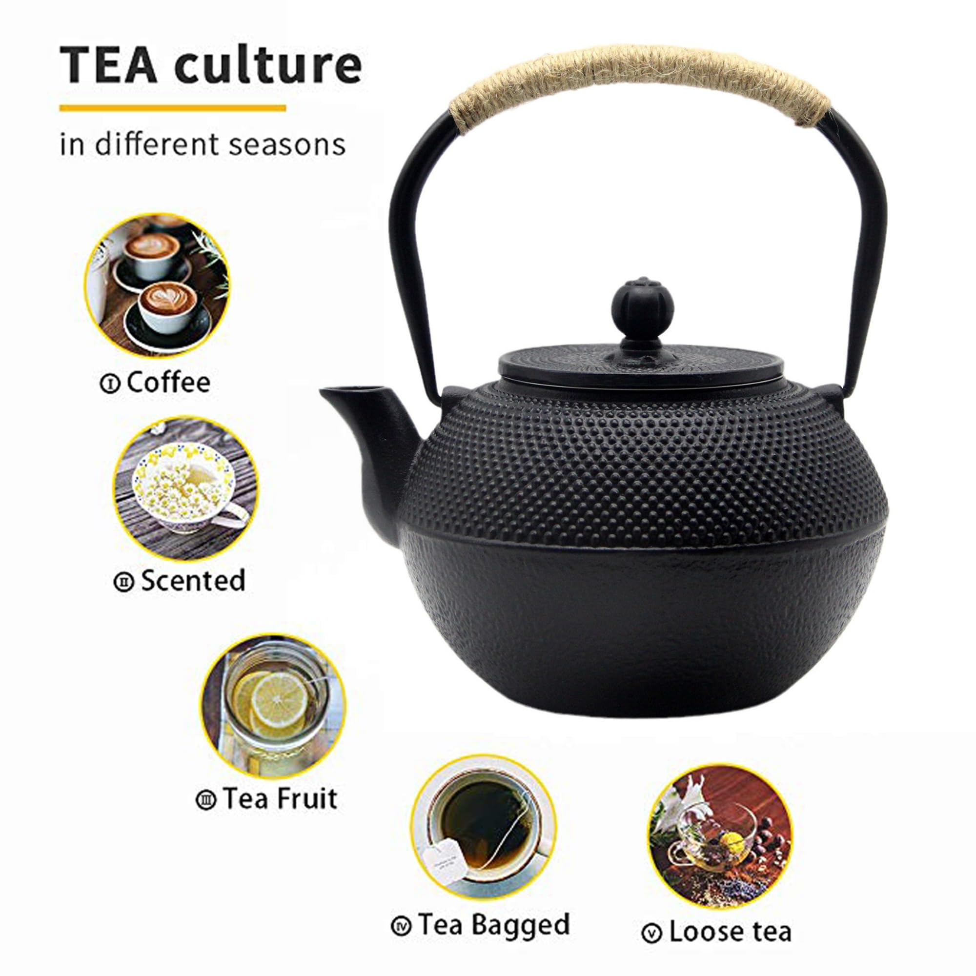 Juego de tetera de hierro fundido con calentador de hierro fundido, juego de tetera japonesa Tetsubin con tazas, tetera de hierro fundido con infusor de acero inoxidable e interior esmaltado (juego de