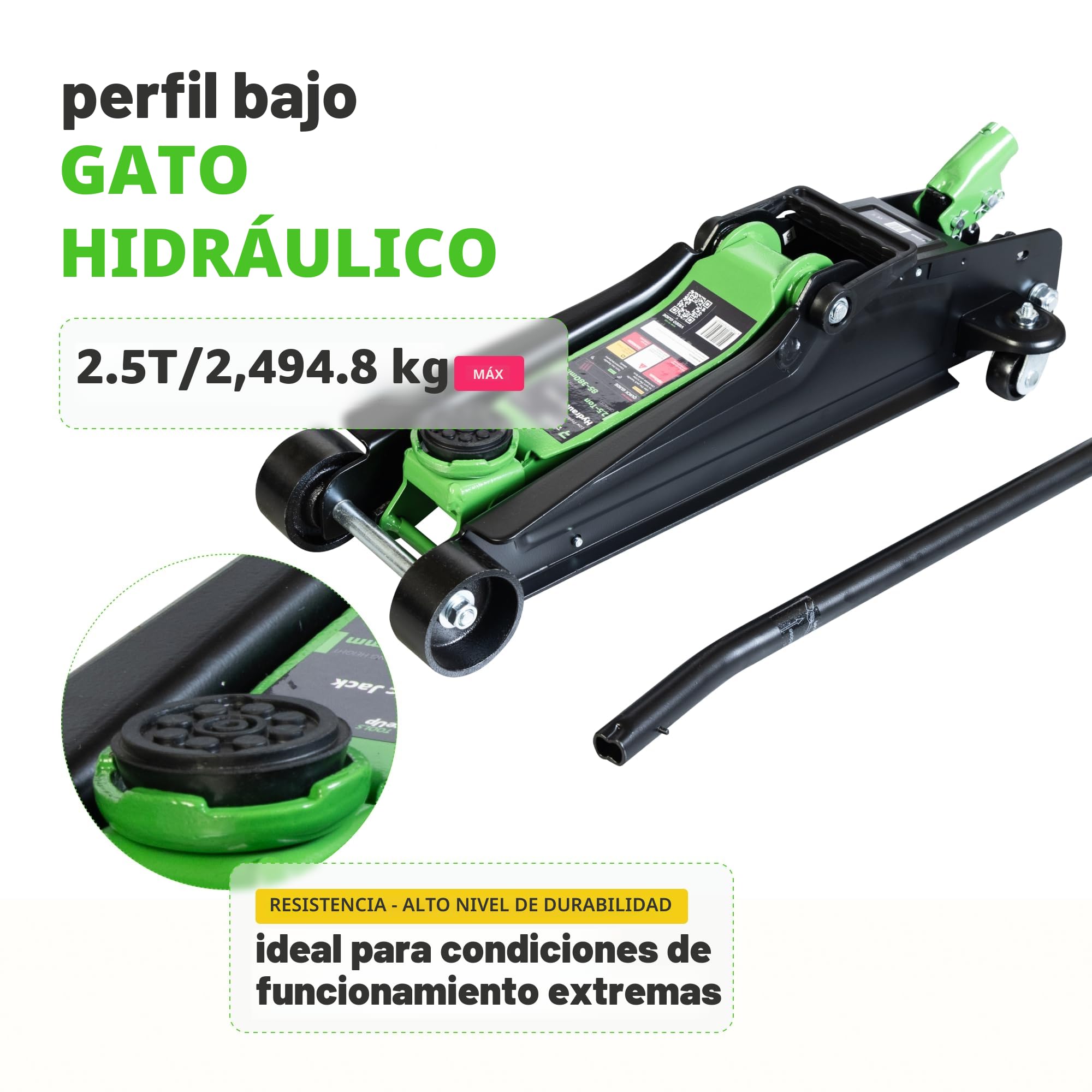 Gato Hidráulico de Carretilla 2,5 T (2500 kg) – Perfil Bajo, Altura 85-380 mm – Elevación Rápida, Almohadilla de Goma y Ruedas 360° – Gato para Coches y SUV, Ideal para Cambio de Rueda