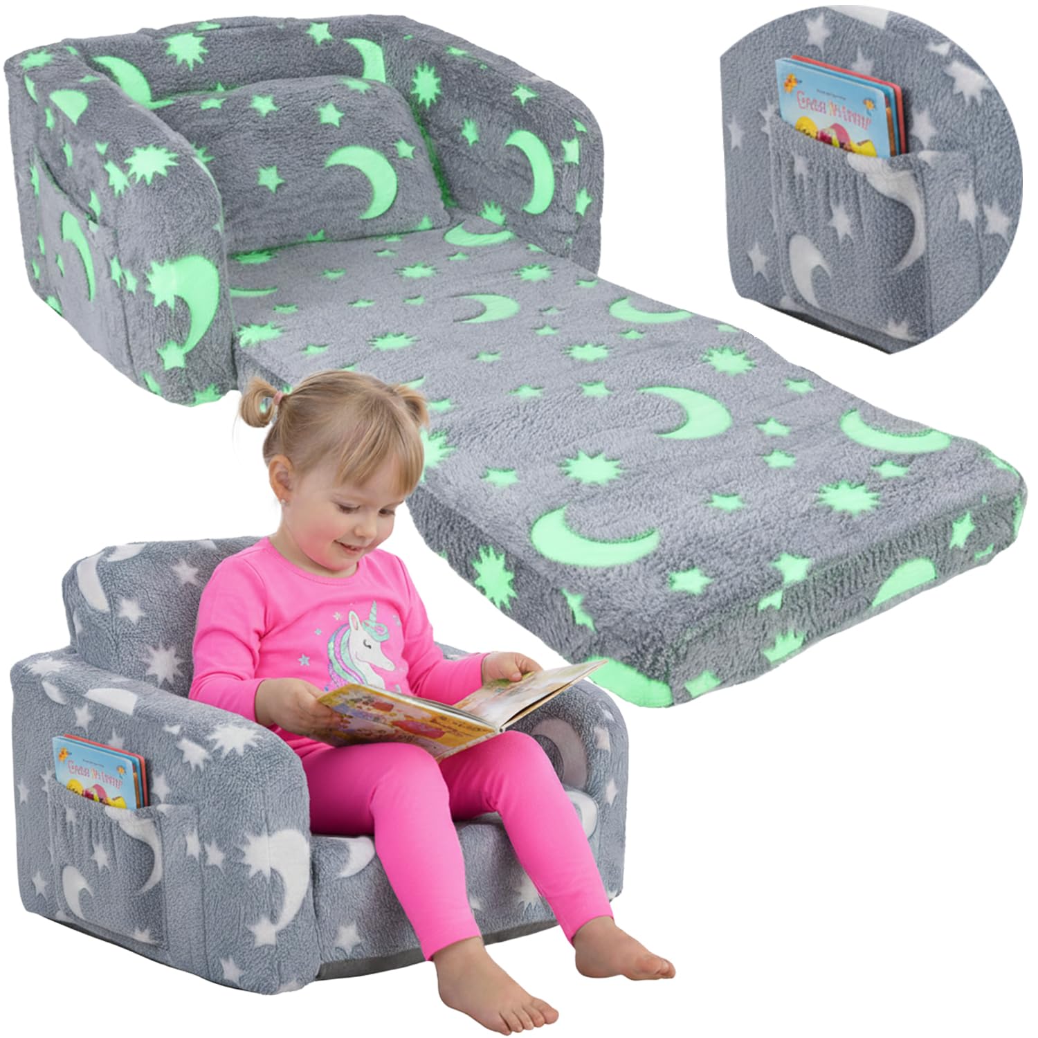 KRUZZEL Poltrona pieghevole per bambini 2 in 1 – Divano pieghevole in peluche con funzione sdraiata e borsa – Leggero, rivestimento rimovibile, fondo antiscivolo – Per ragazze e ragazzi, cameretta dei